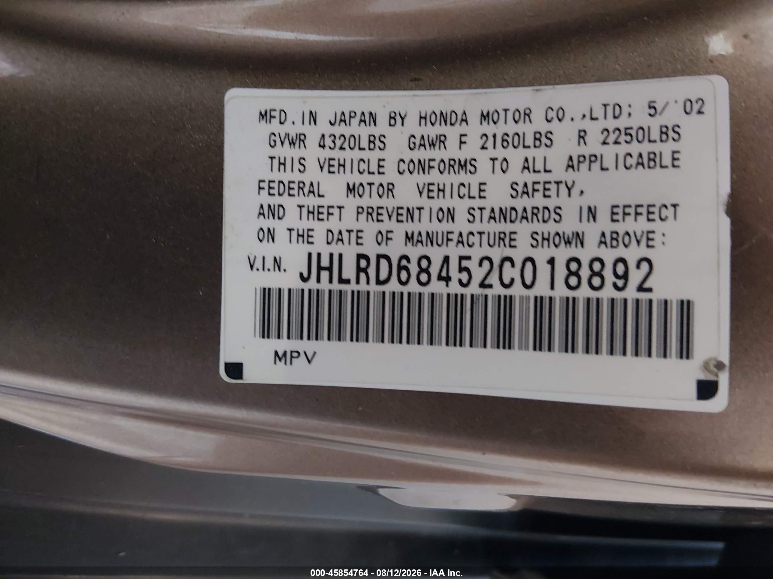 2002 Honda Cr-v Lx Gold vin: JHLRD68452C018892