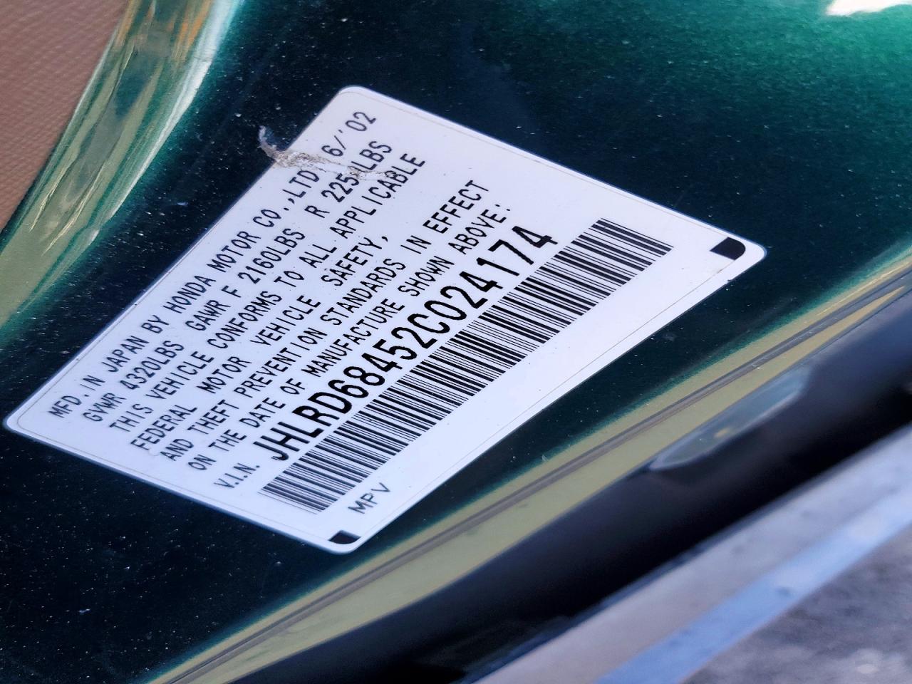 2002 Honda Cr-v Lx Green vin: JHLRD68452C024174
