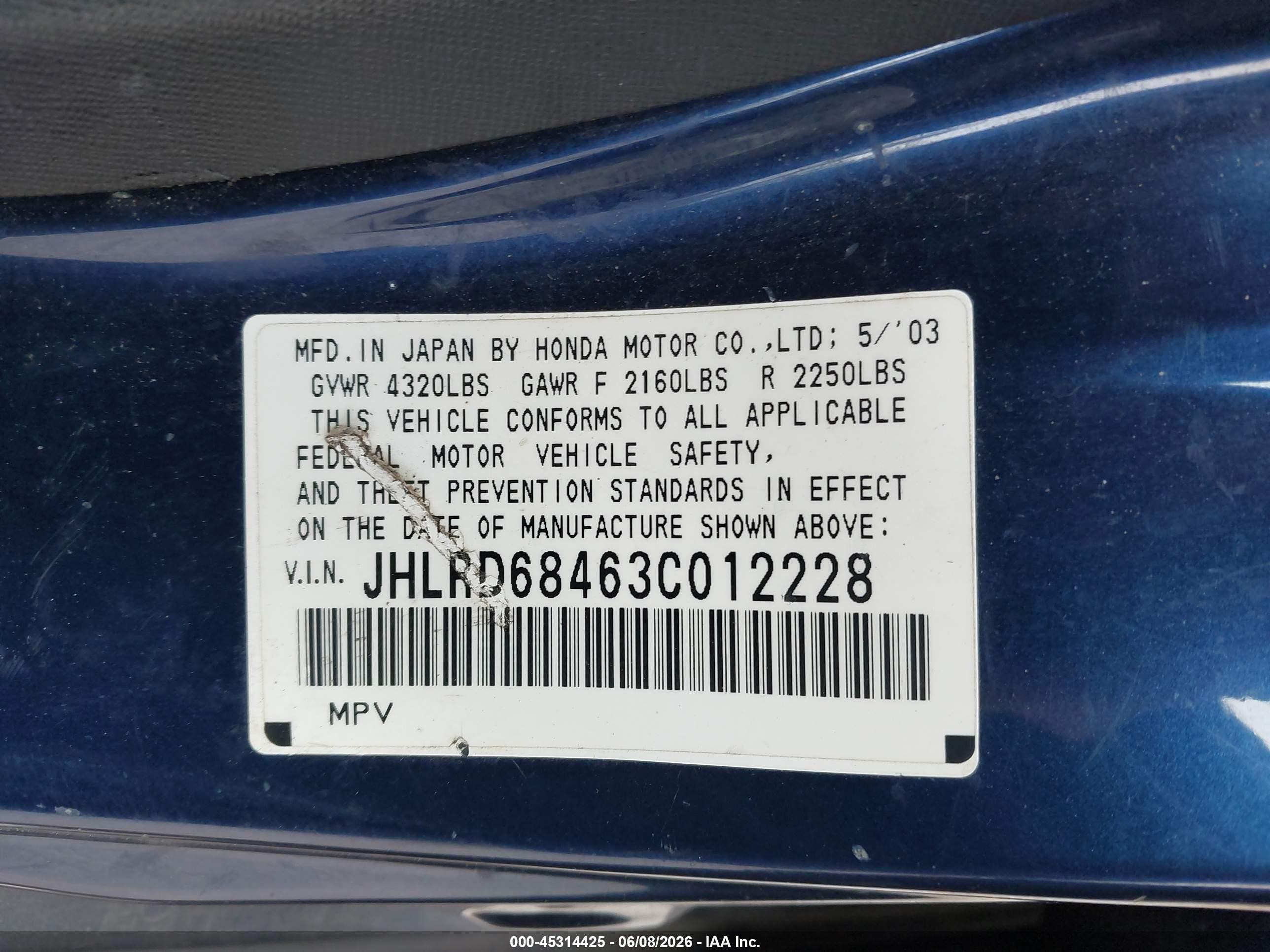 2003 Honda Cr-v Lx Blue vin: JHLRD68463C012228