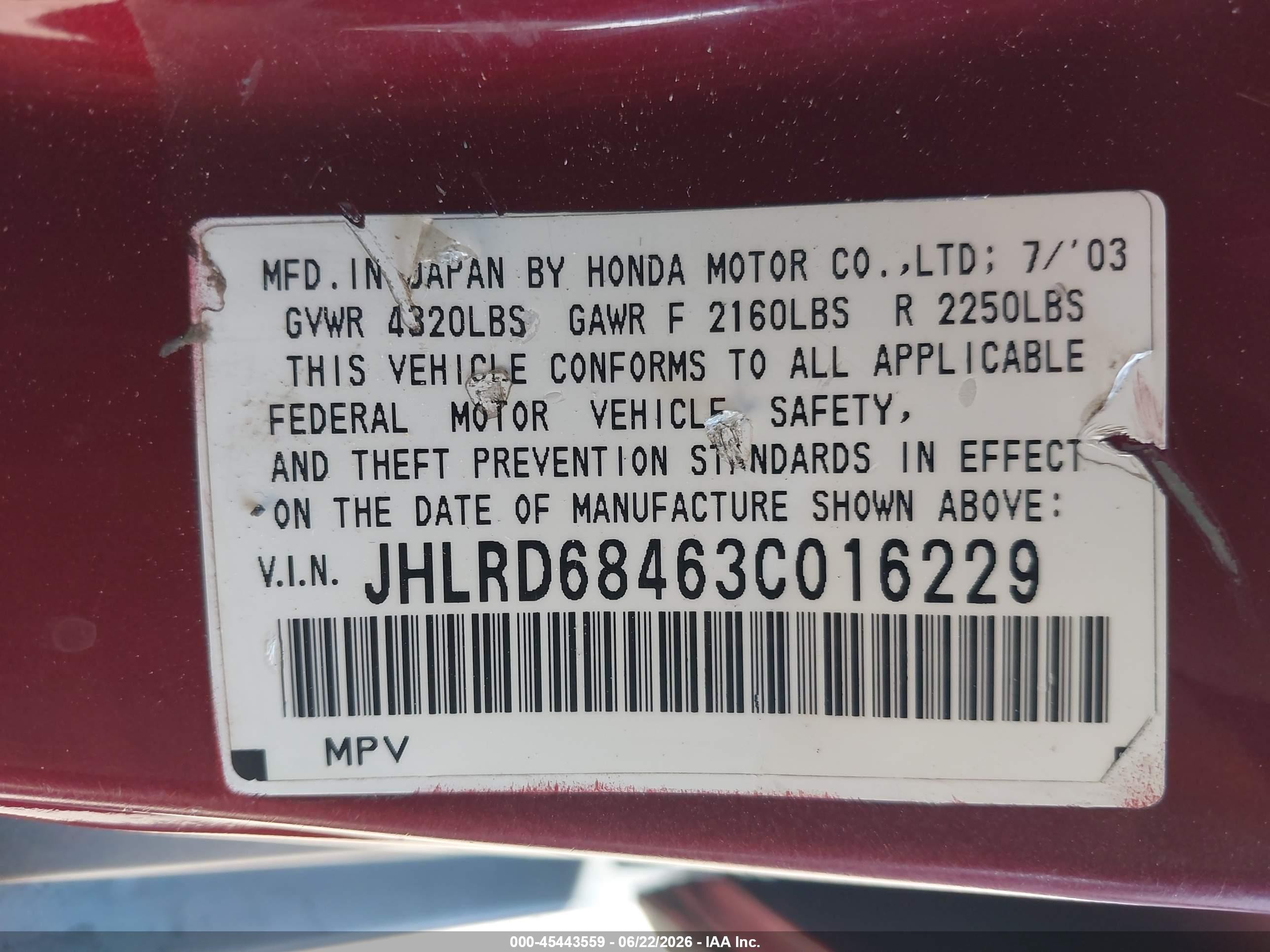 2003 Honda Cr-v Lx Burgundy vin: JHLRD68463C016229