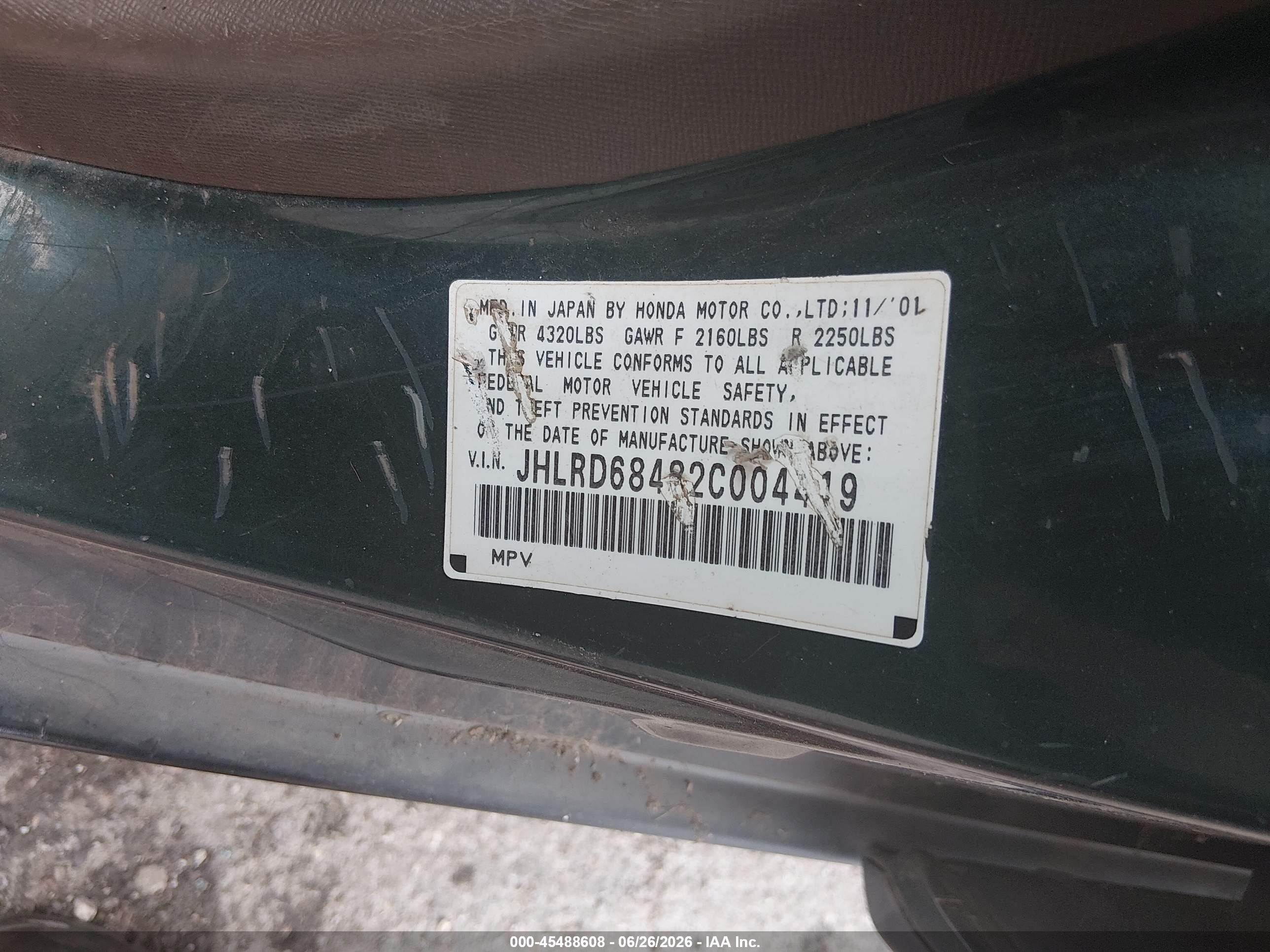 2002 Honda Cr-v Lx Green vin: JHLRD68482C004419