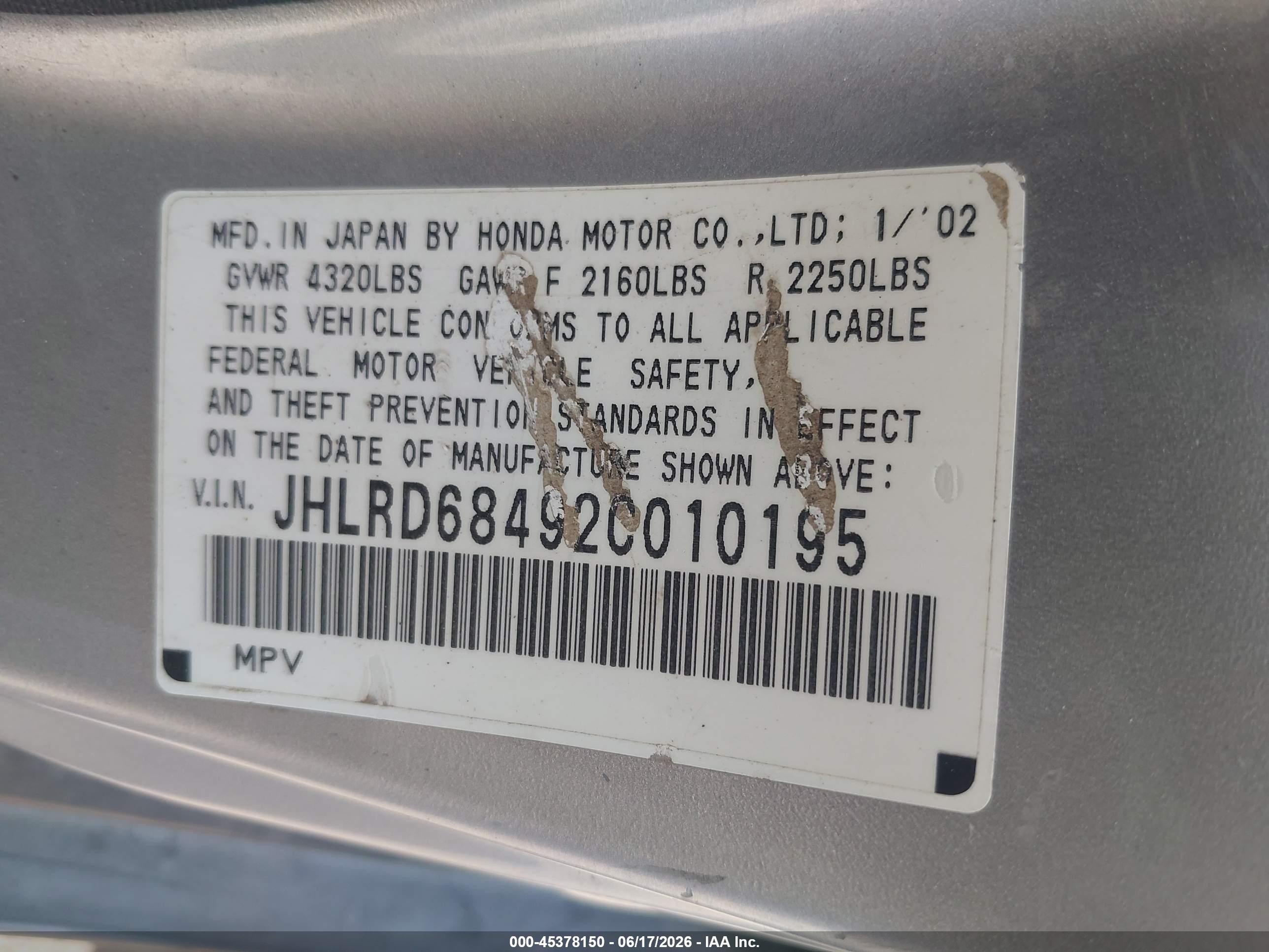 2002 Honda Cr-v Lx Серебряный vin: JHLRD68492C010195