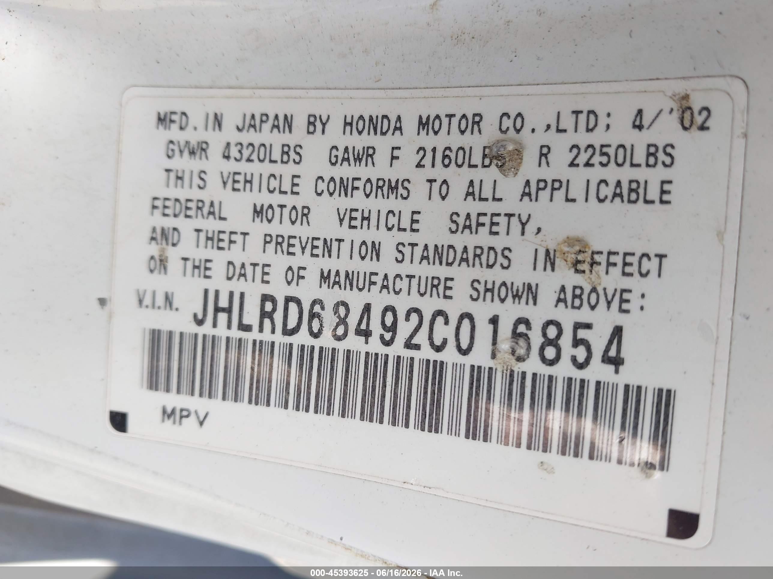 2002 Honda Cr-v Lx White vin: JHLRD68492C016854