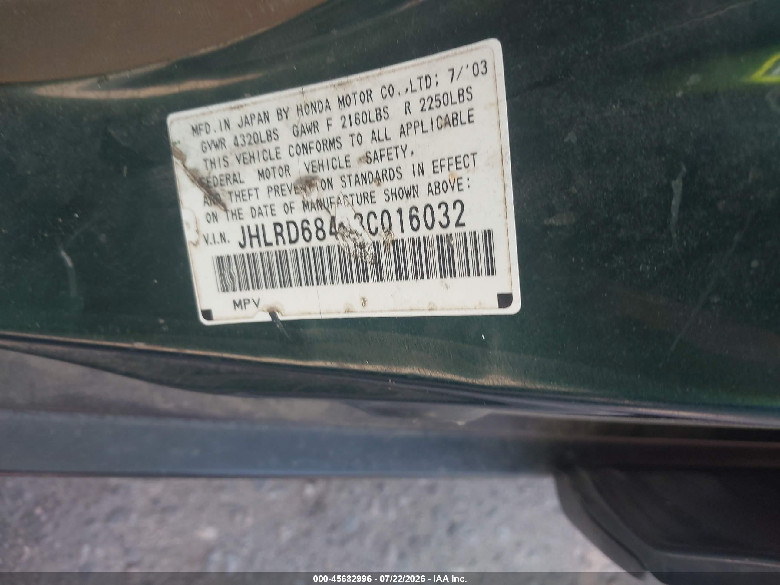 2003 Honda Cr-v Lx Green vin: JHLRD68493C016032