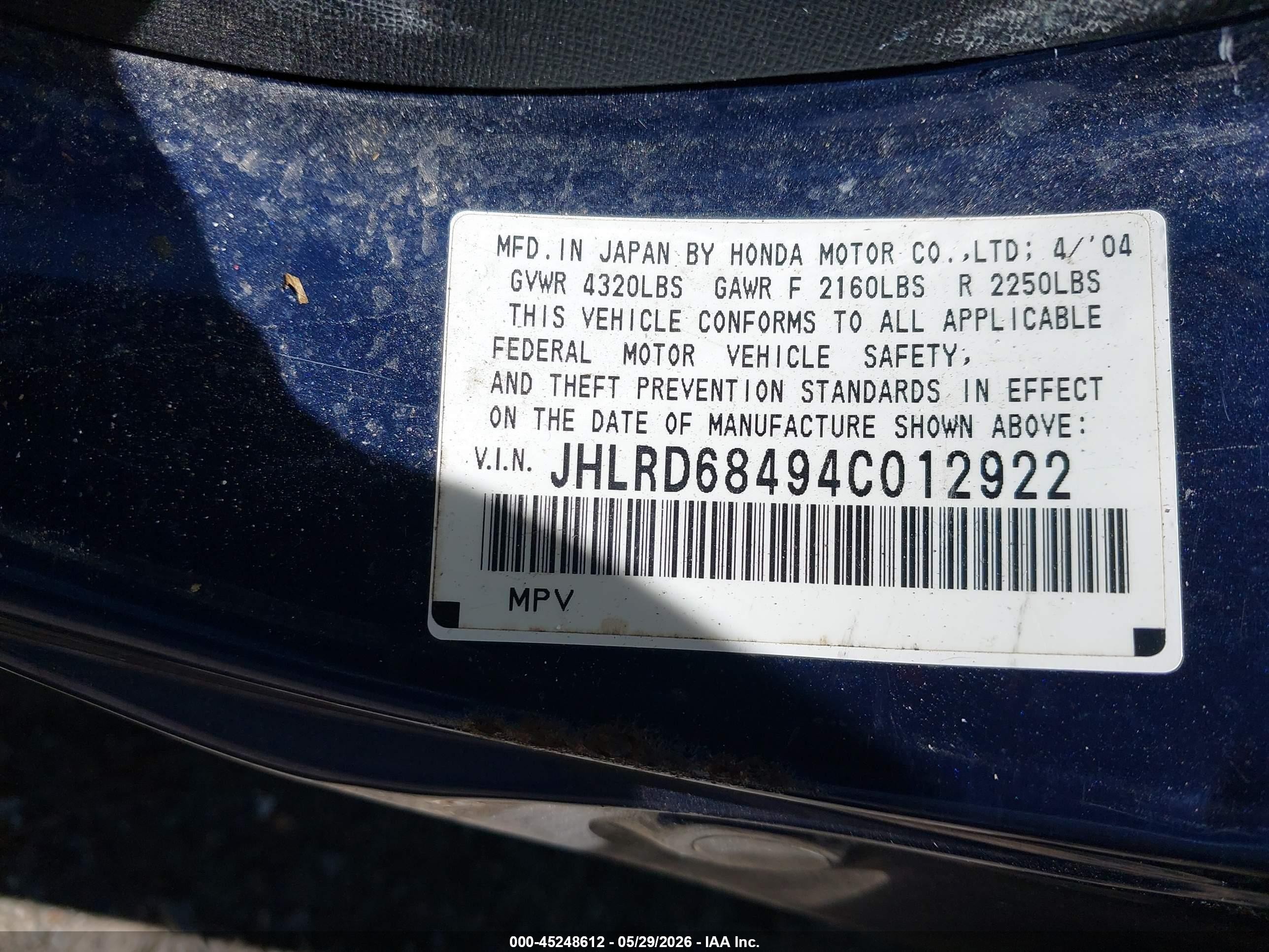 2004 Honda Cr-v Lx Blue vin: JHLRD68494C012922