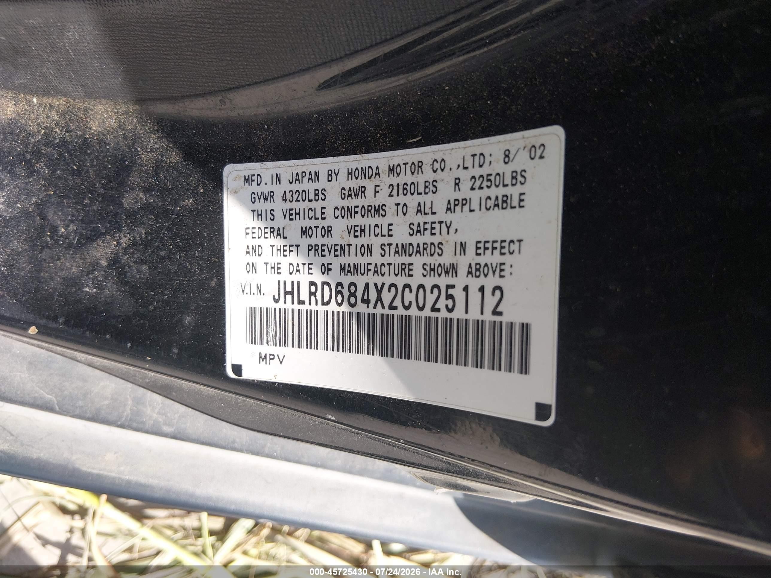 2002 Honda Cr-v Lx Black vin: JHLRD684X2C025112