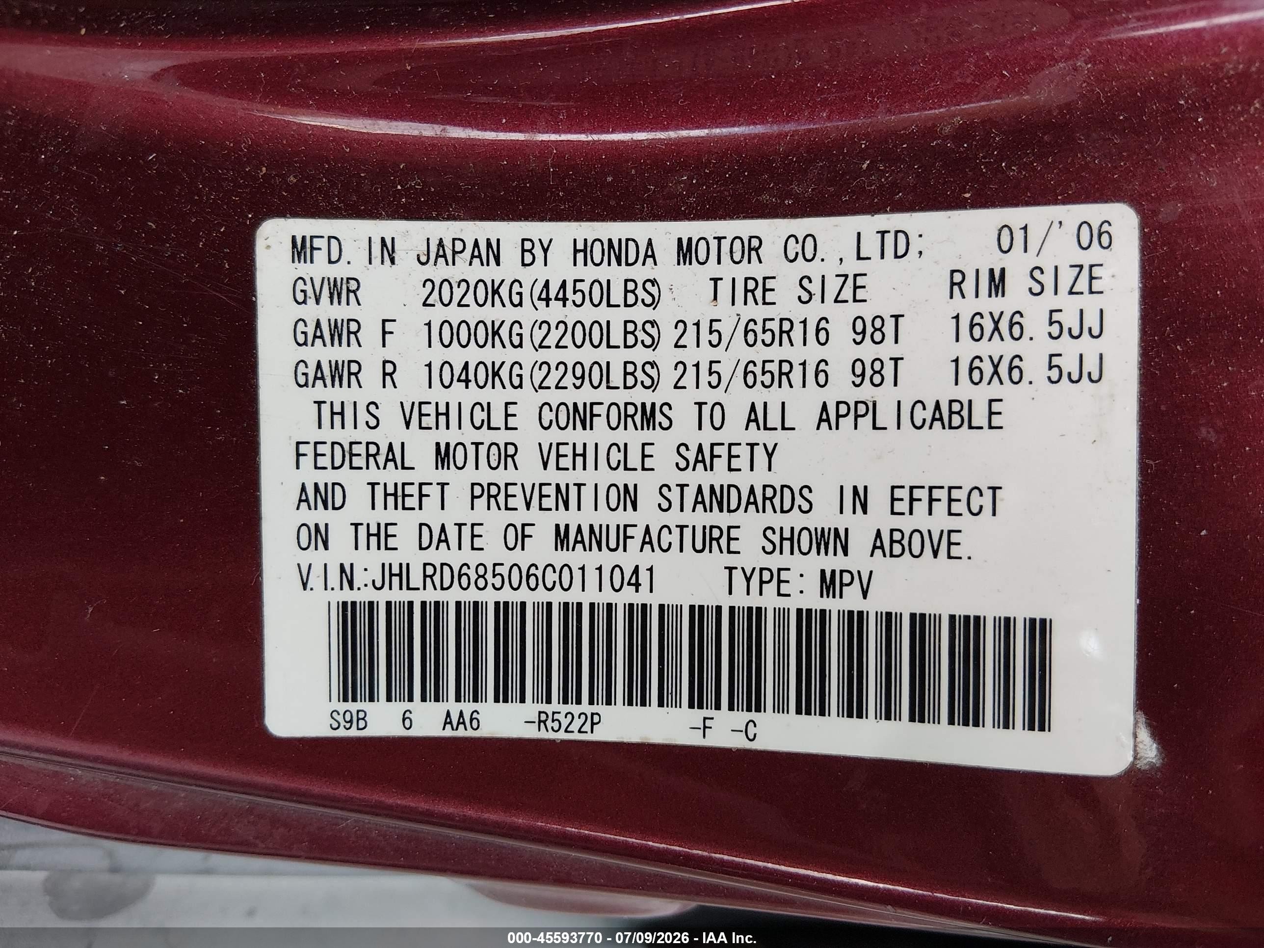 2006 Honda Cr-v Lx Red vin: JHLRD68506C011041