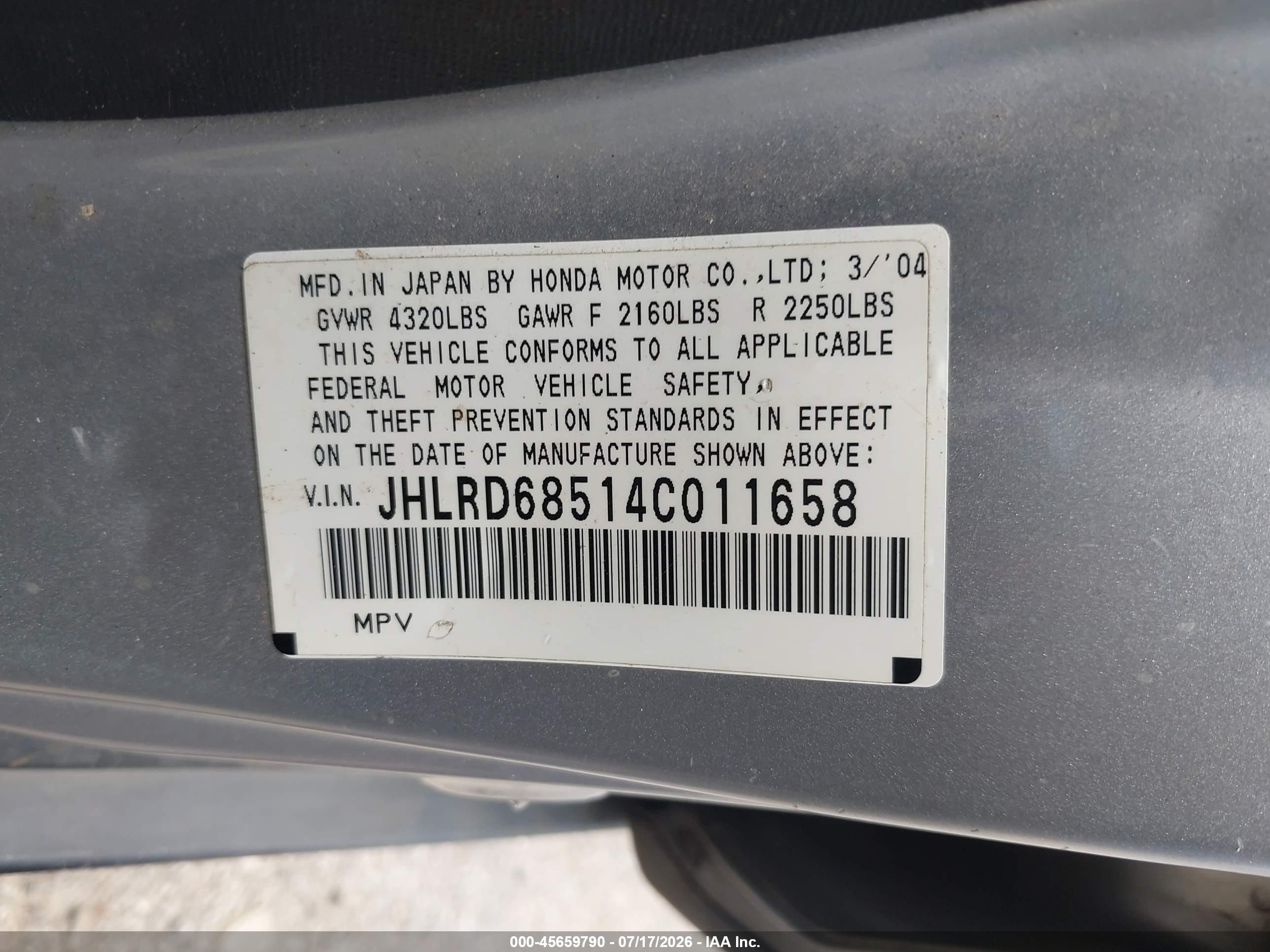 2004 Honda Cr-v Lx Silver vin: JHLRD68514C011658