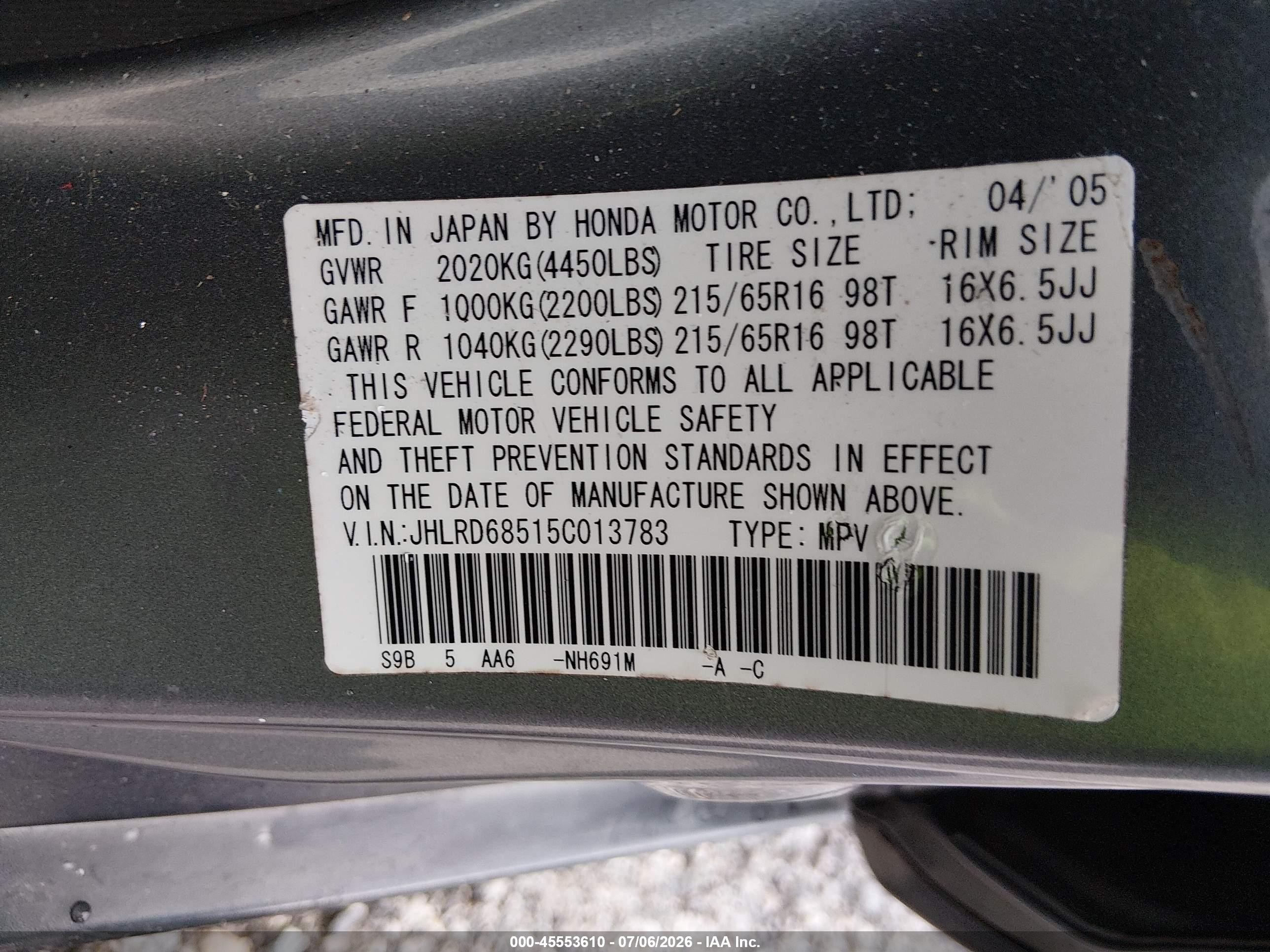 2005 Honda Cr-v Lx Gray vin: JHLRD68515C013783