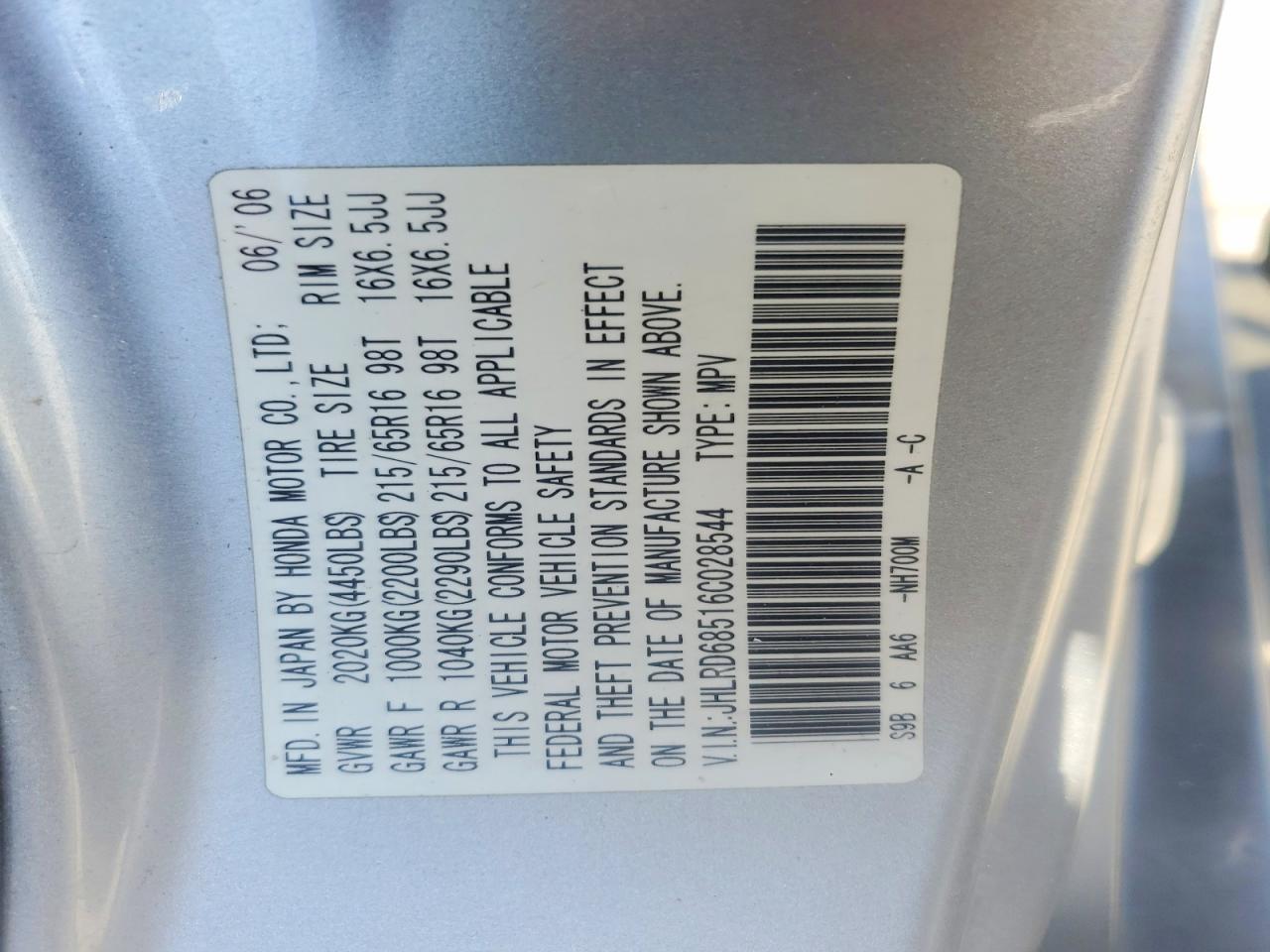 2006 Honda Cr-v Lx Silver vin: JHLRD68516C028544