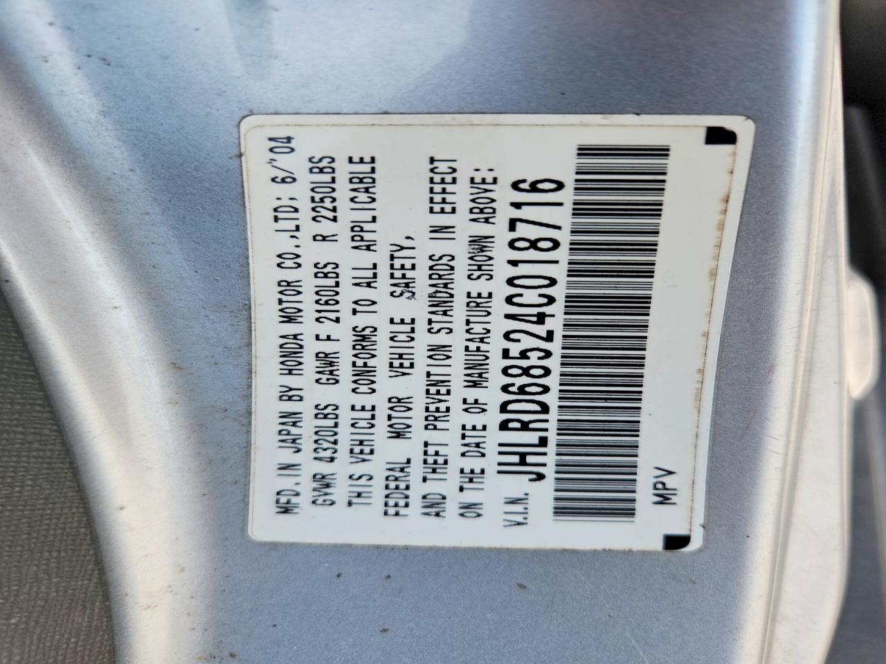 2004 Honda Cr-v Lx Silver vin: JHLRD68524C018716