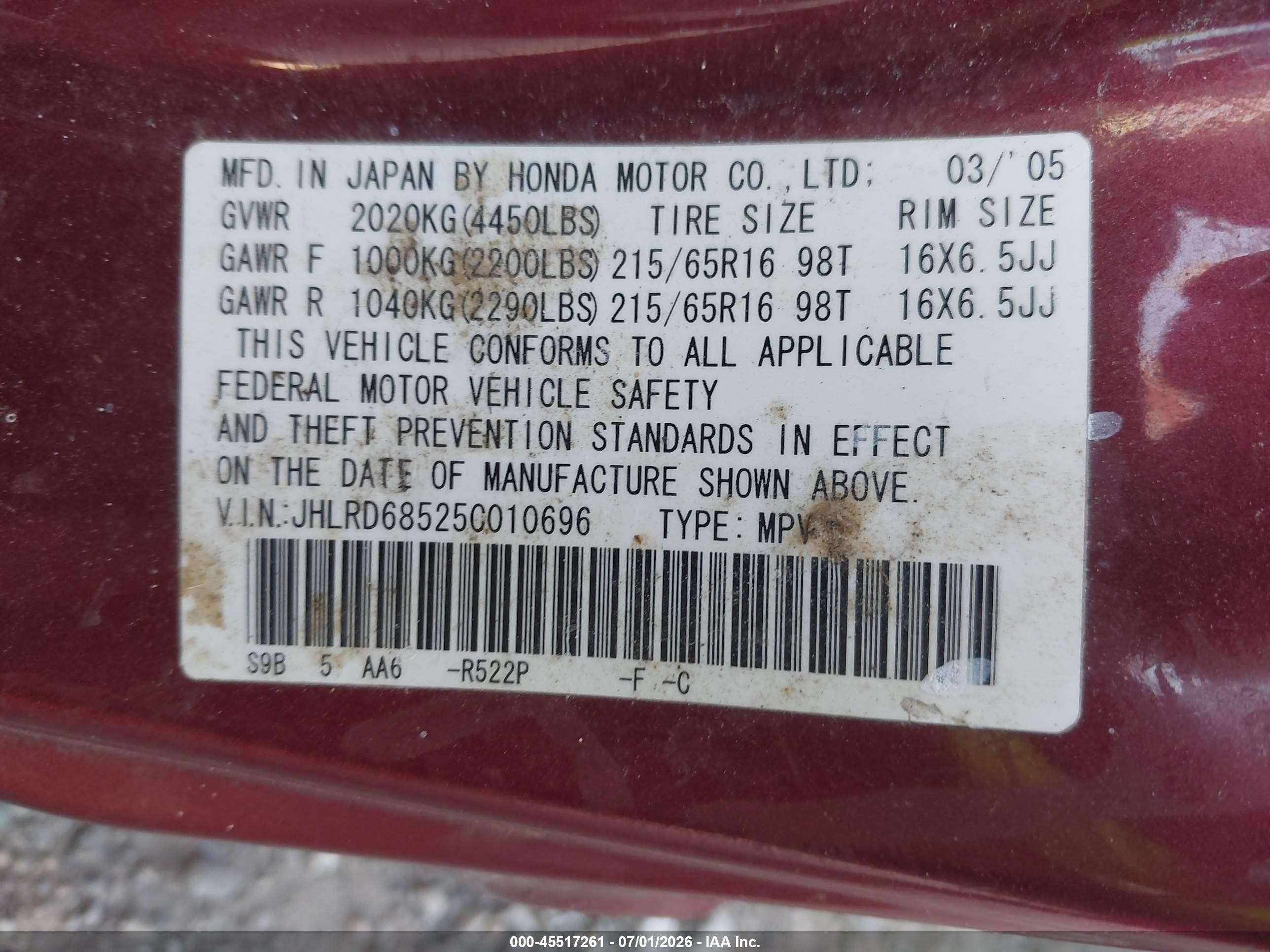 2005 Honda Cr-v Lx Red vin: JHLRD68525C010696