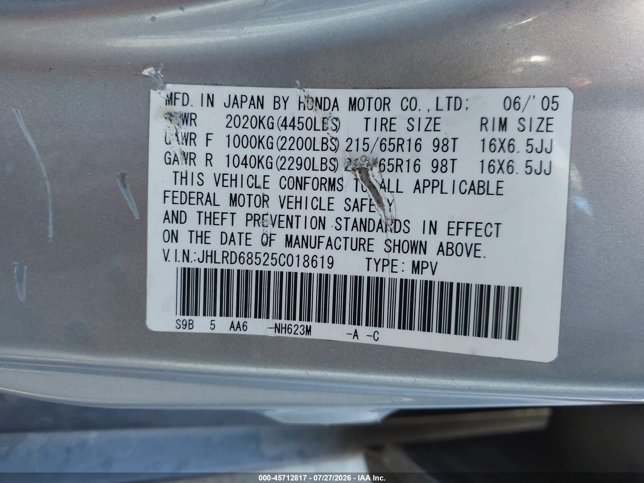 2005 Honda Cr-v Lx Gray vin: JHLRD68525C018619