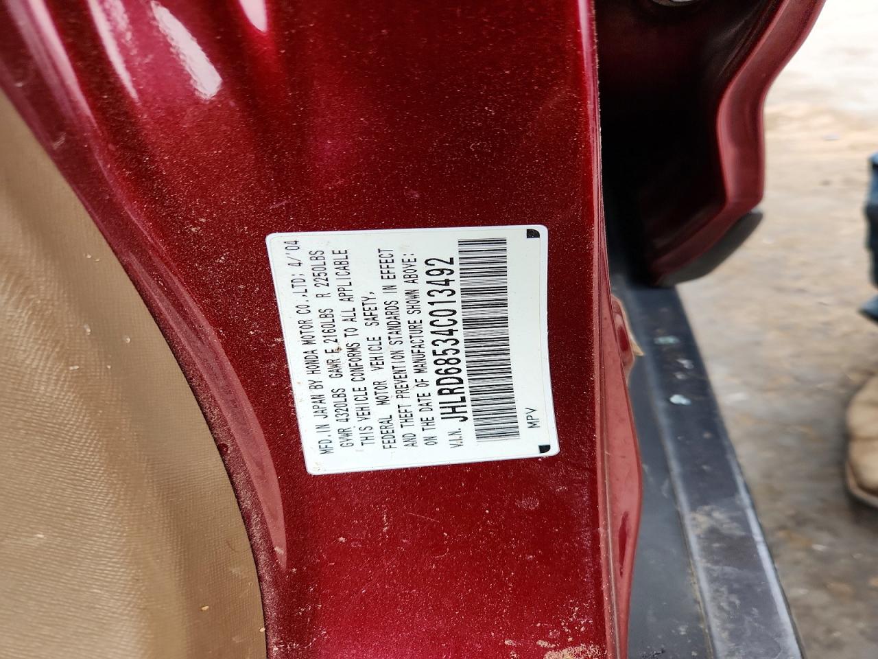 2004 Honda Cr-v Lx Red vin: JHLRD68534C013492