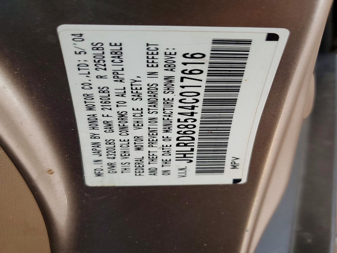 2004 Honda Cr-v Lx Tan vin: JHLRD68544C017616