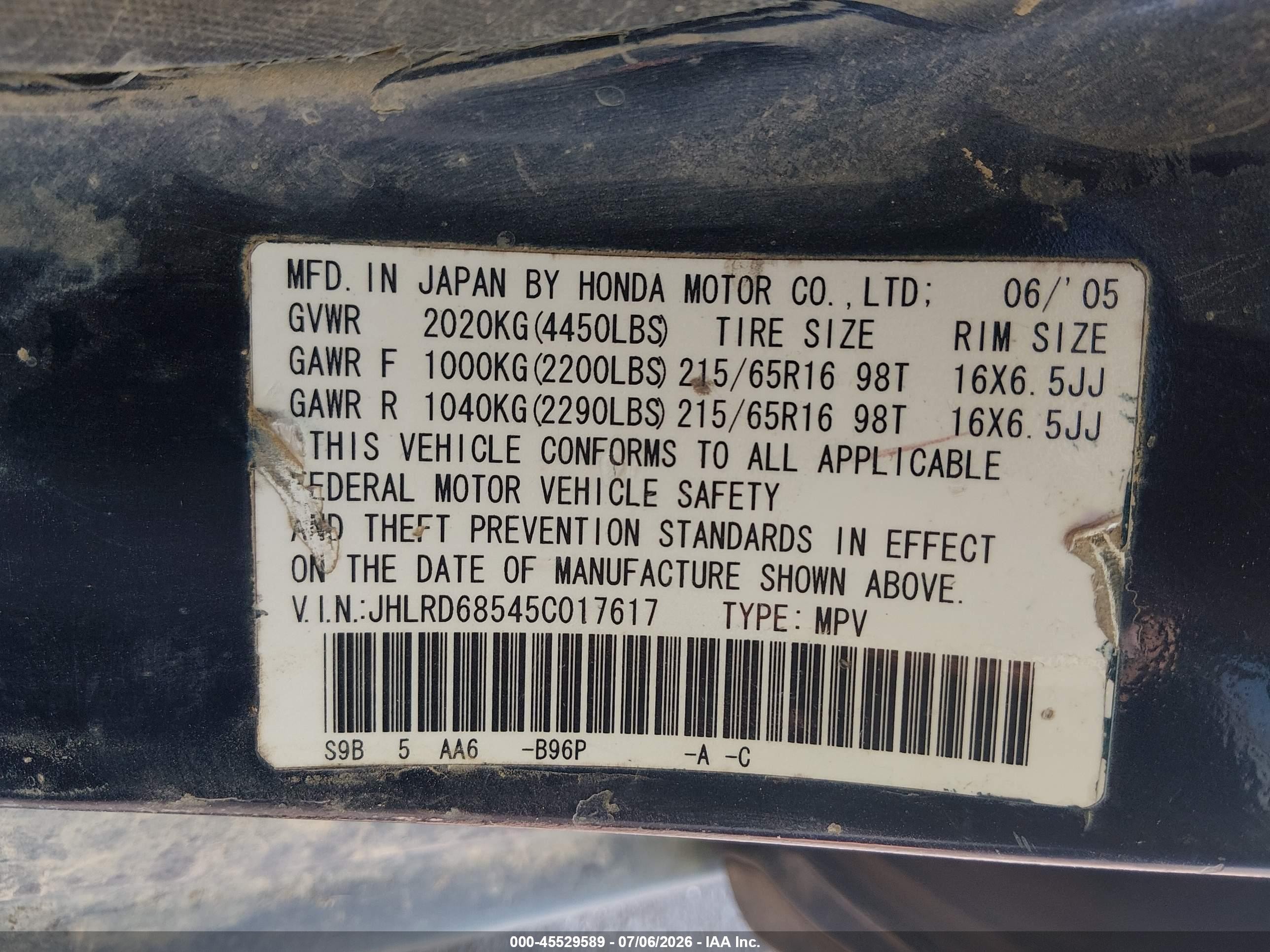 2005 Honda Cr-v Lx Черный vin: JHLRD68545C017617