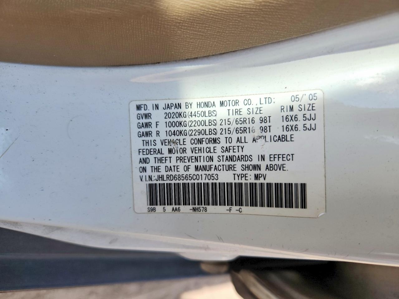 2005 Honda Cr-v Lx White vin: JHLRD68565C017053