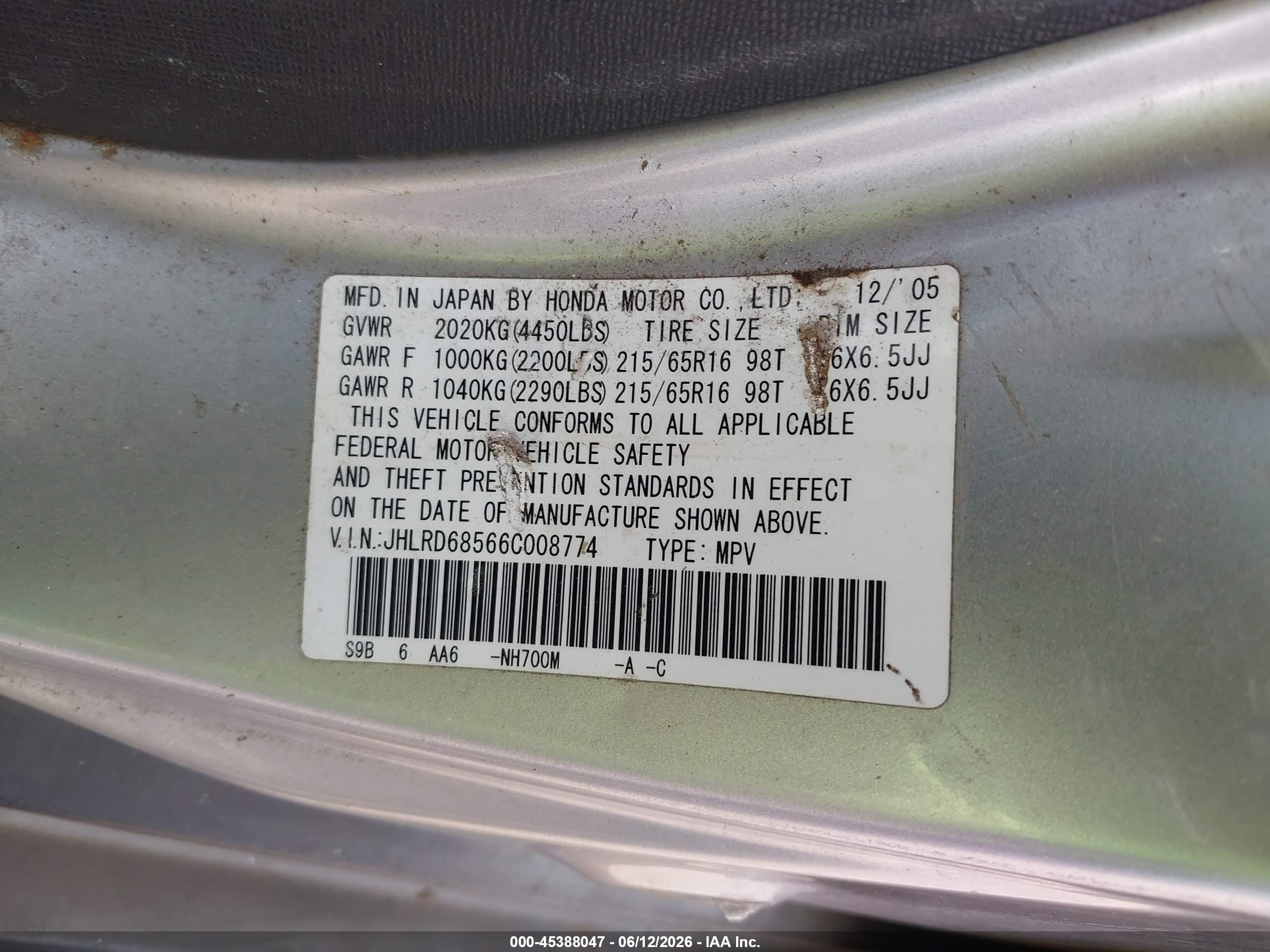 2006 Honda Cr-v Lx Silver vin: JHLRD68566C008774