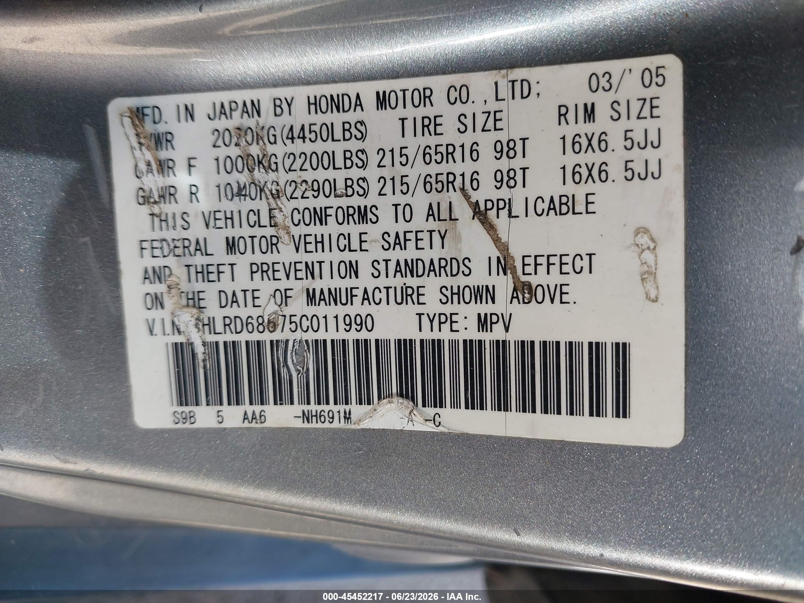 2005 Honda Cr-v Lx Gray vin: JHLRD68575C011990