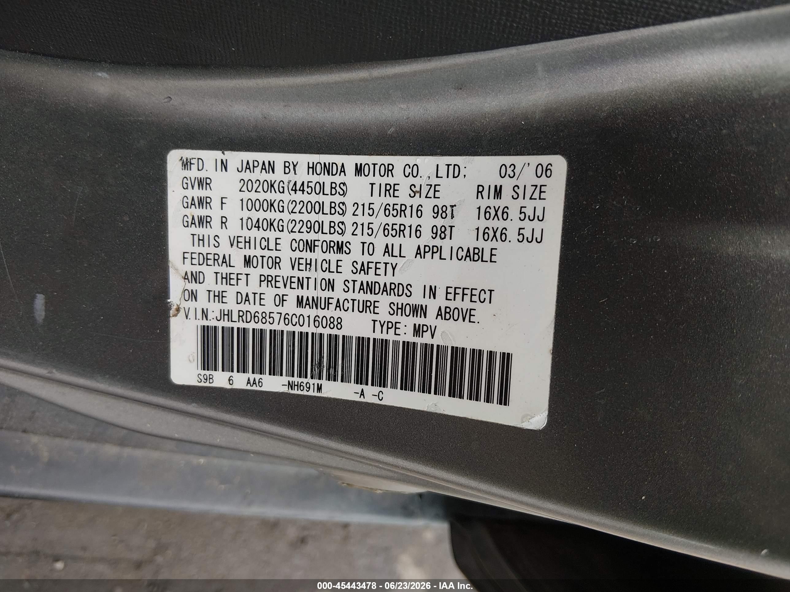 2006 Honda Cr-v Lx Gold vin: JHLRD68576C016088