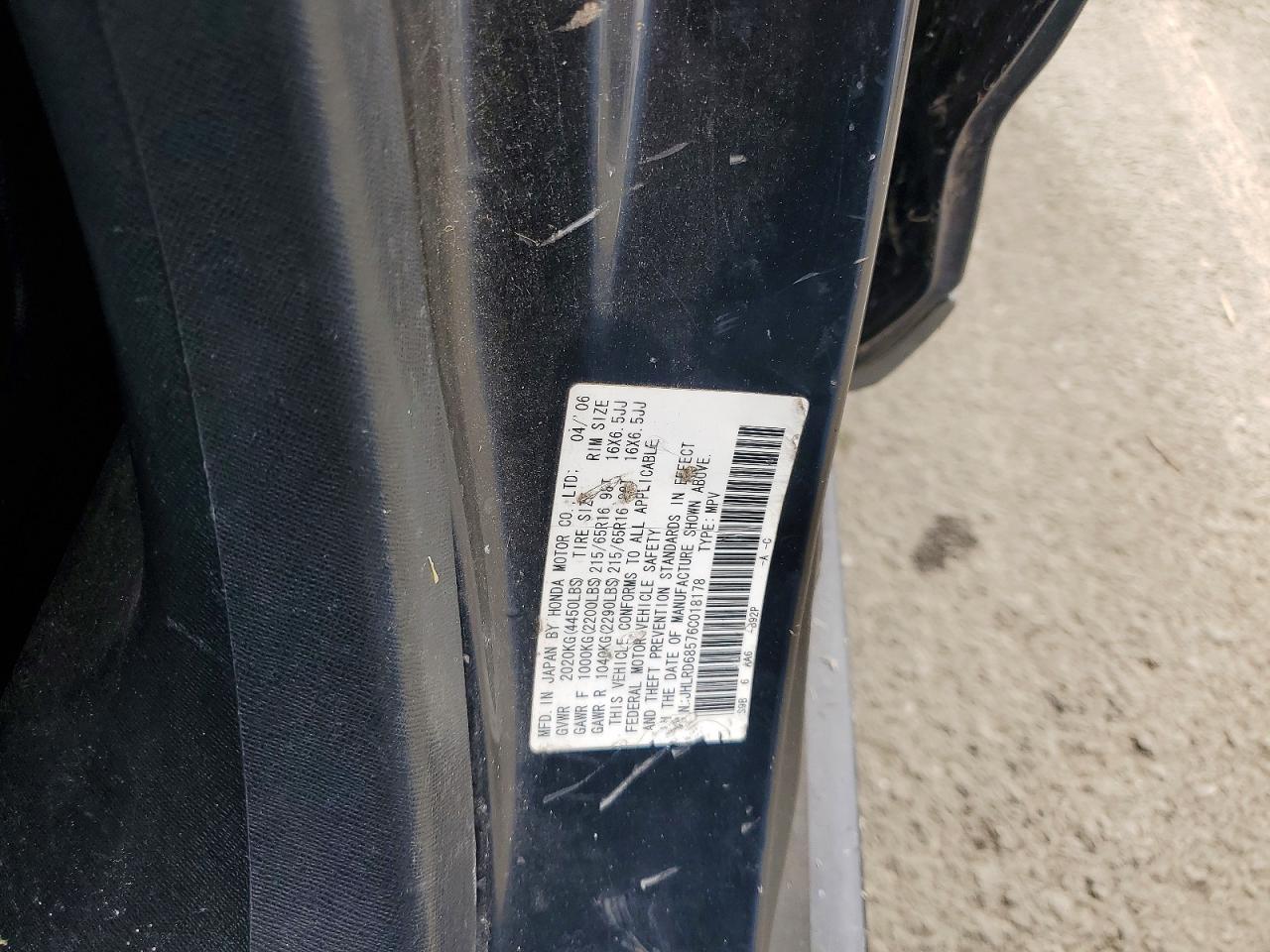 2006 Honda Cr-v Lx Black vin: JHLRD68576C018178