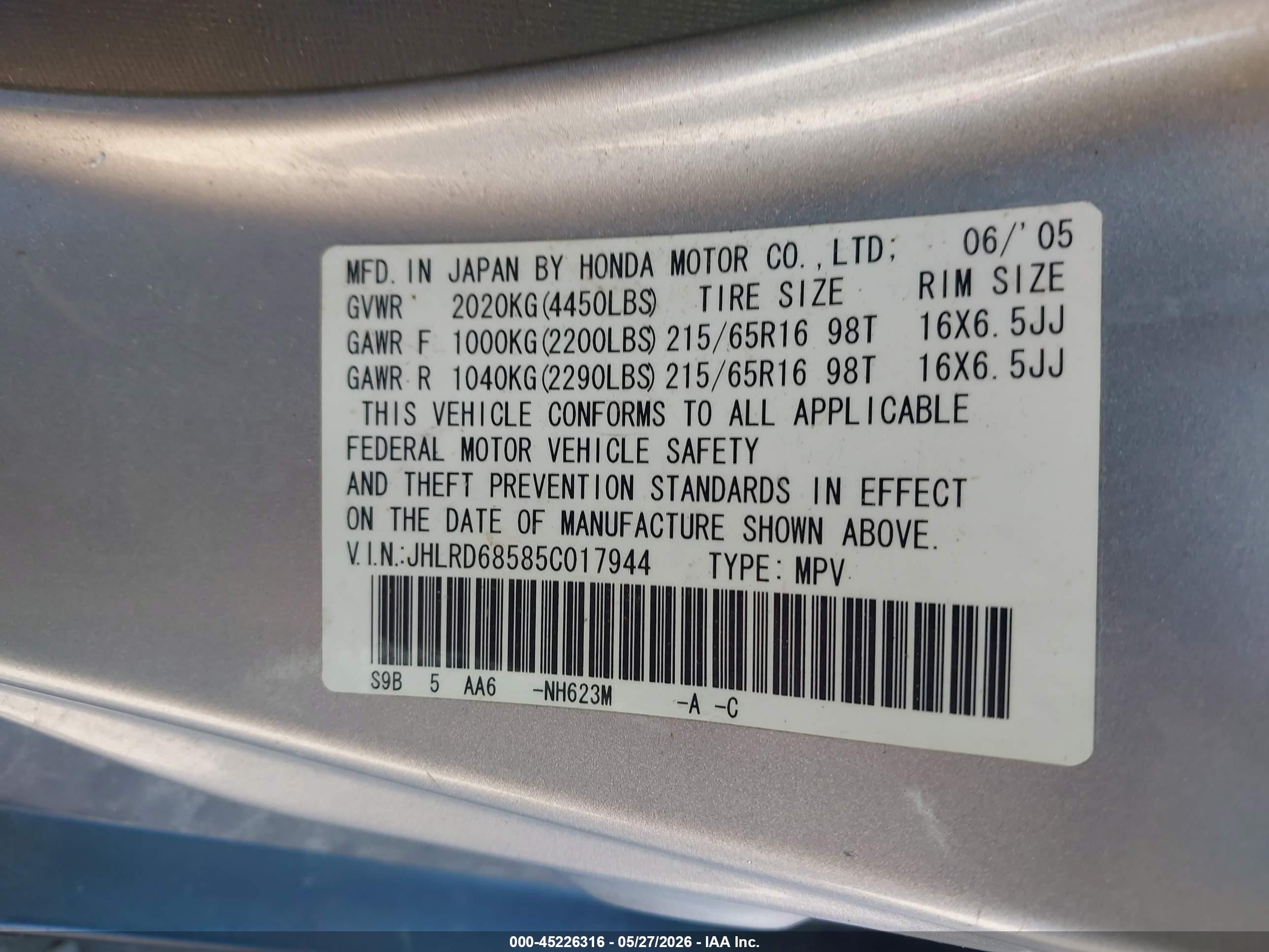 2005 Honda Cr-v Lx Gray vin: JHLRD68585C017944
