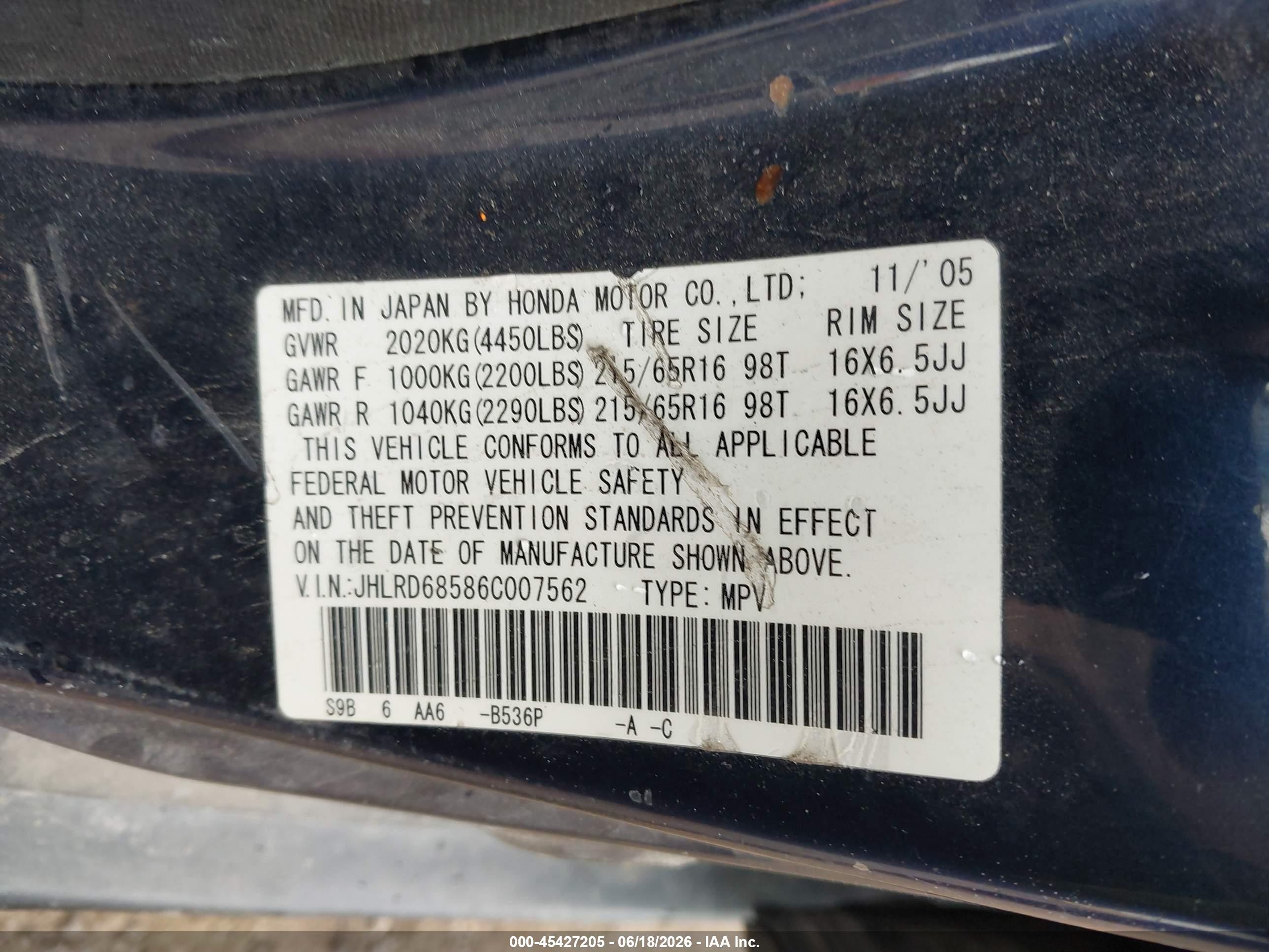 2006 Honda Cr-v Lx Blue vin: JHLRD68586C007562