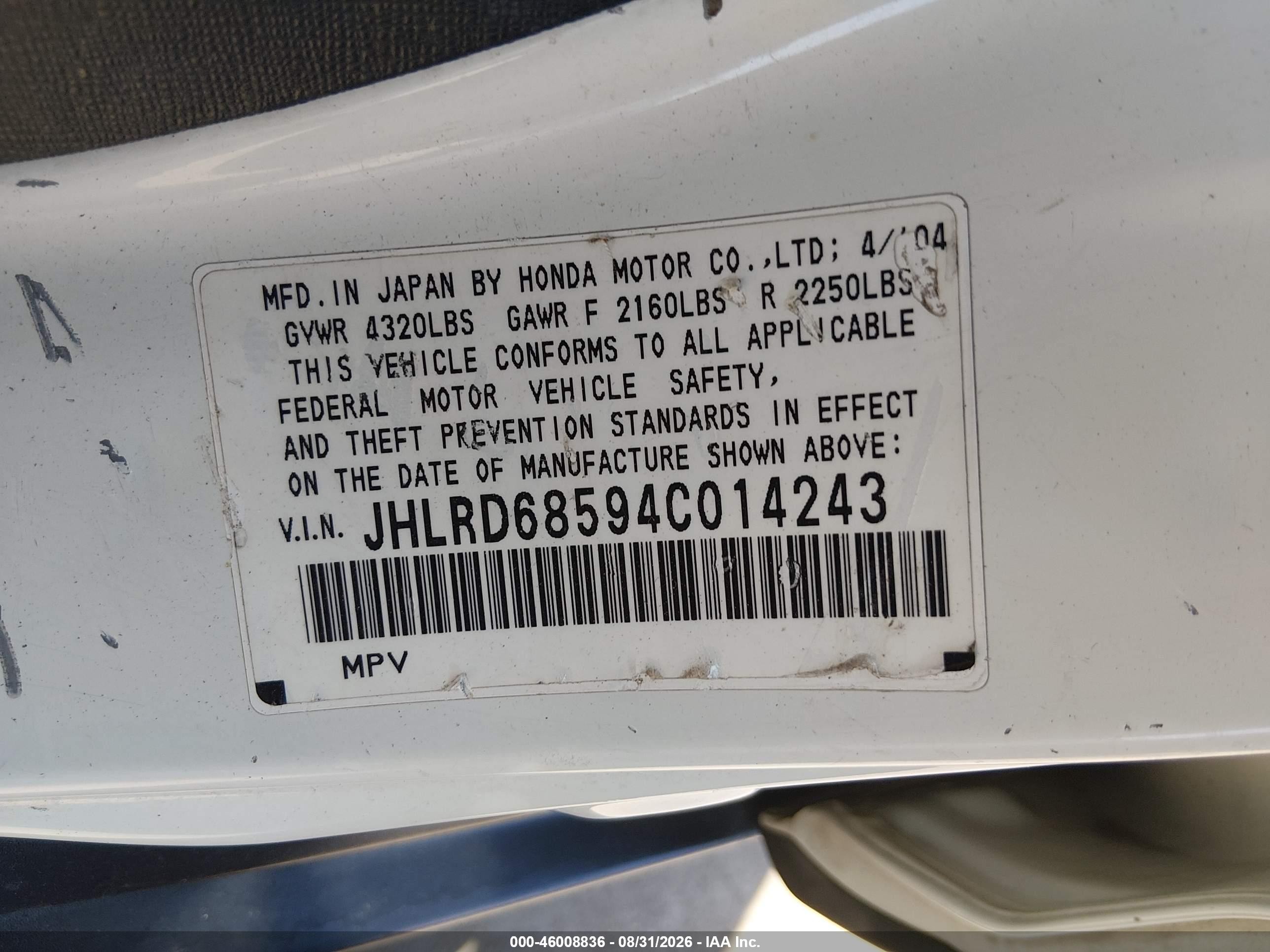 2004 Honda Cr-v Lx White vin: JHLRD68594C014243