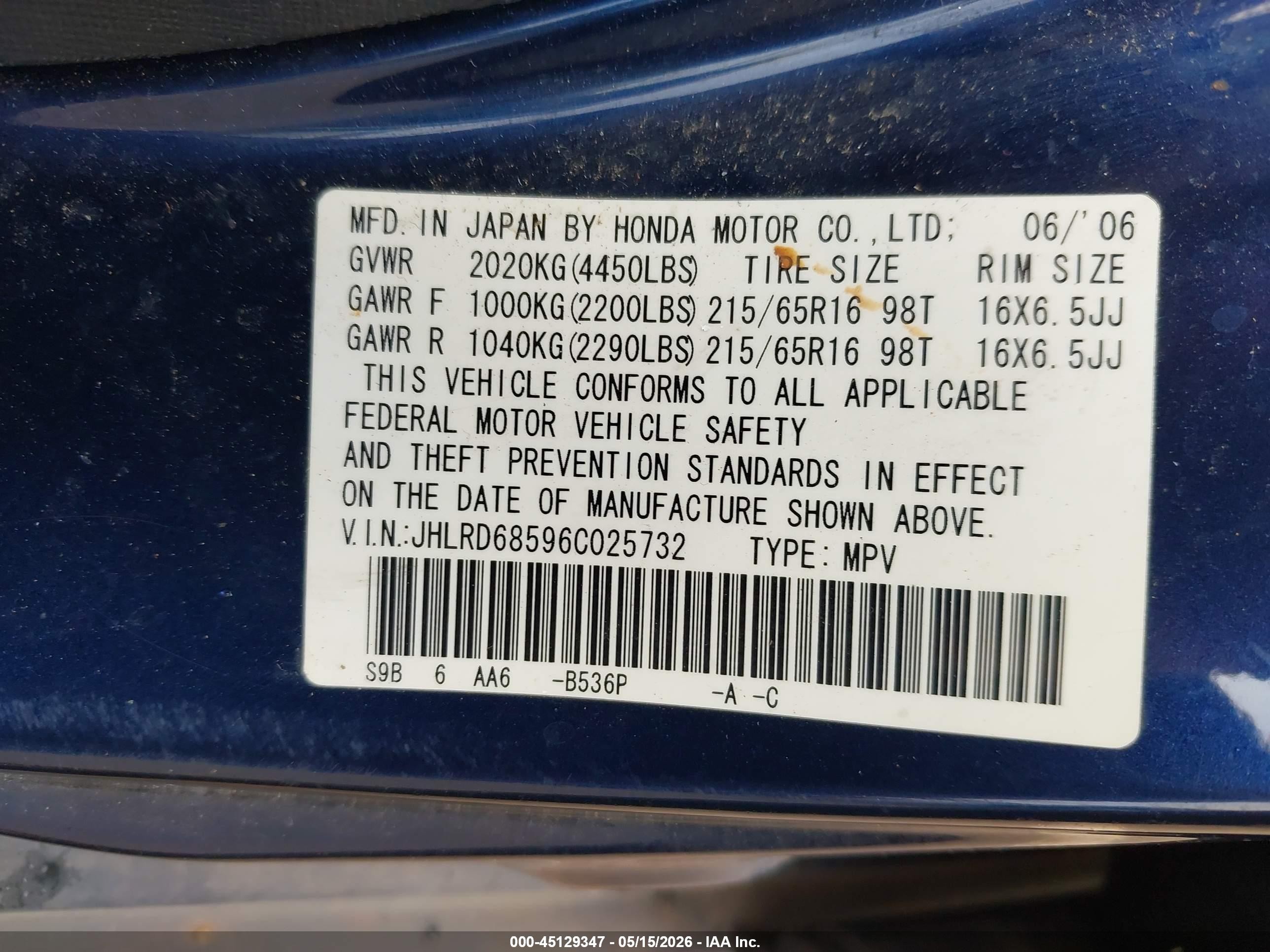 2006 Honda Cr-v Lx Blue vin: JHLRD68596C025732