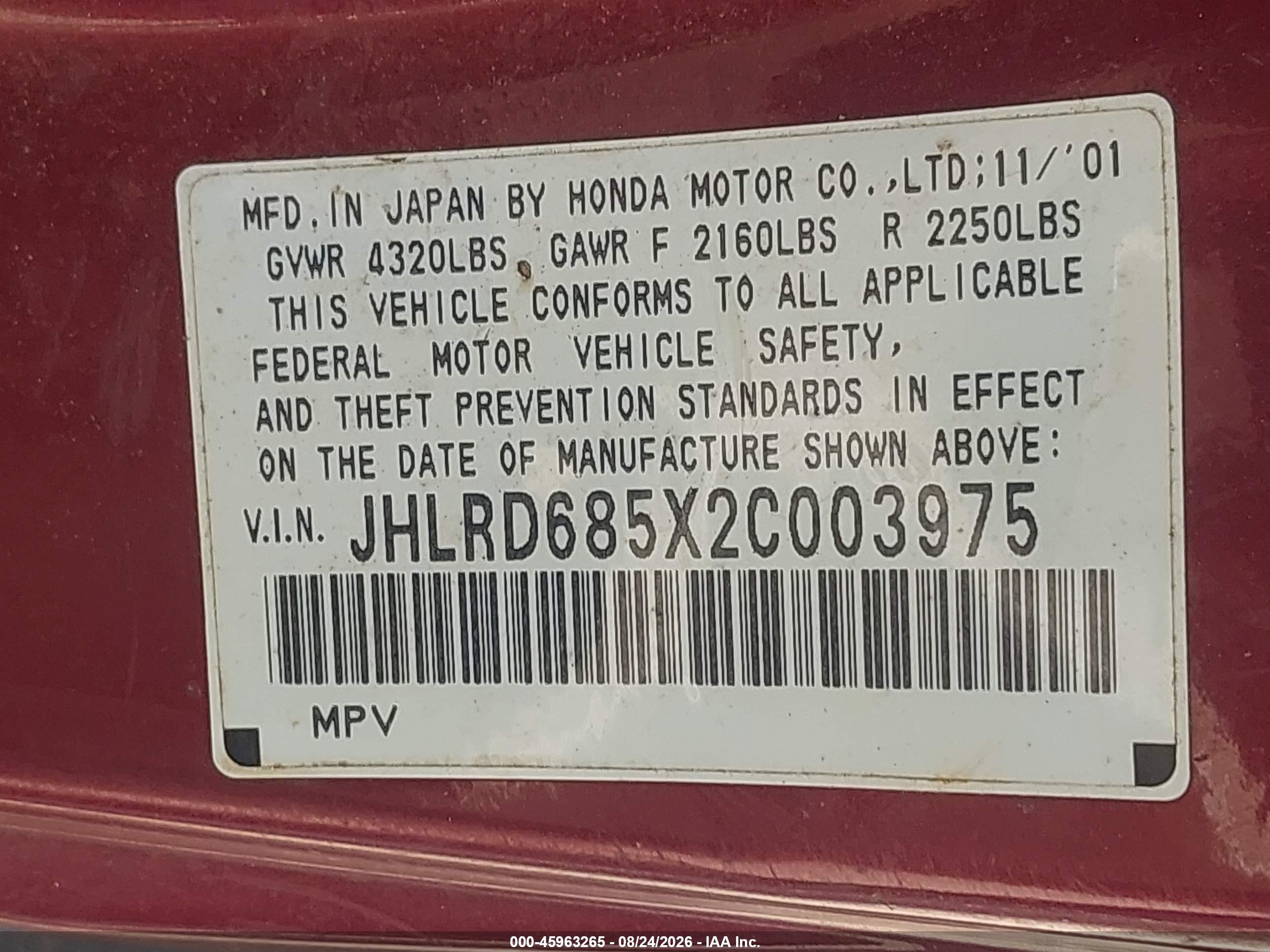 2002 Honda Cr-v Lx Бордовый vin: JHLRD685X2C003975