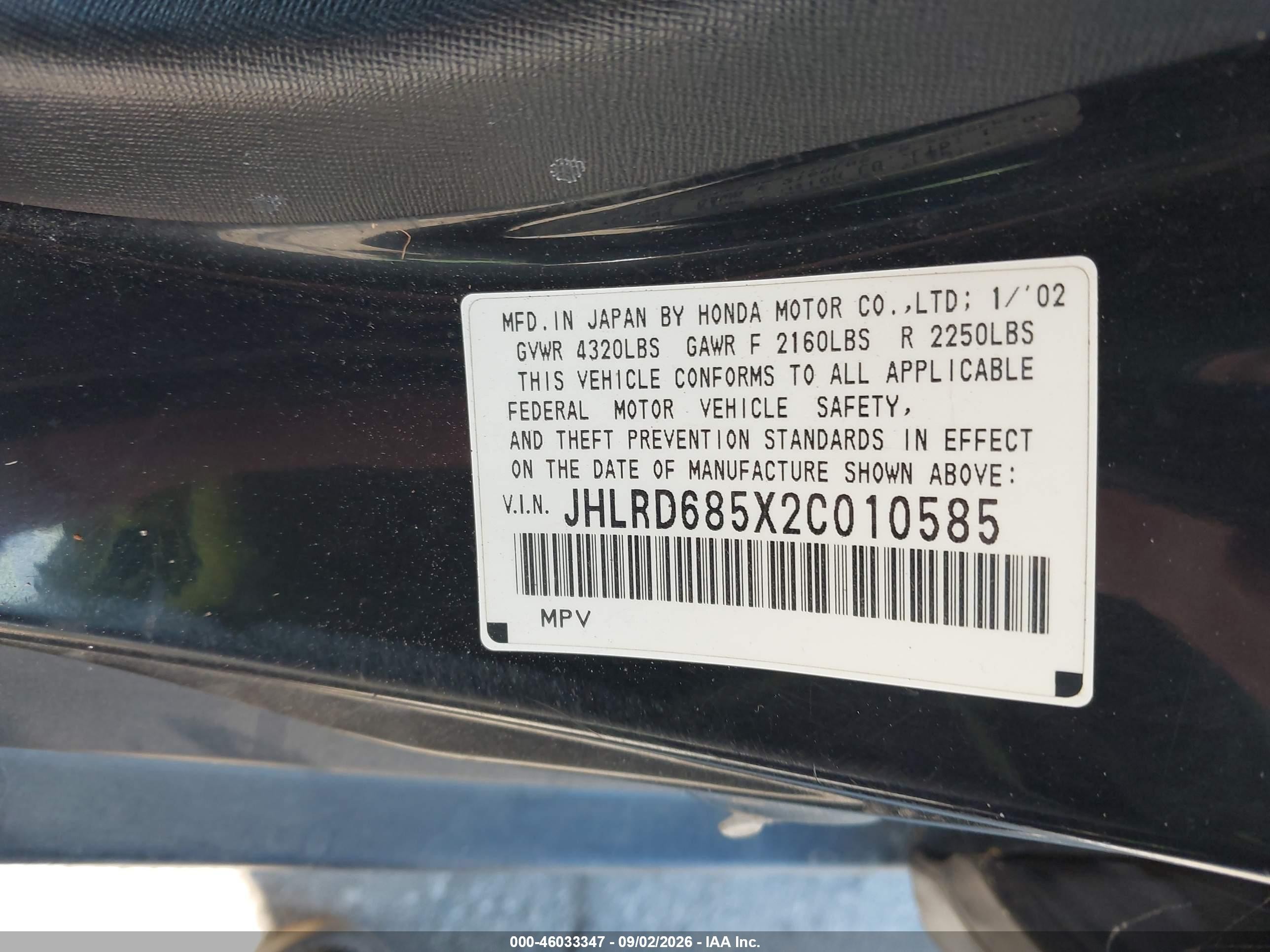 2002 Honda Cr-v Lx Black vin: JHLRD685X2C010585