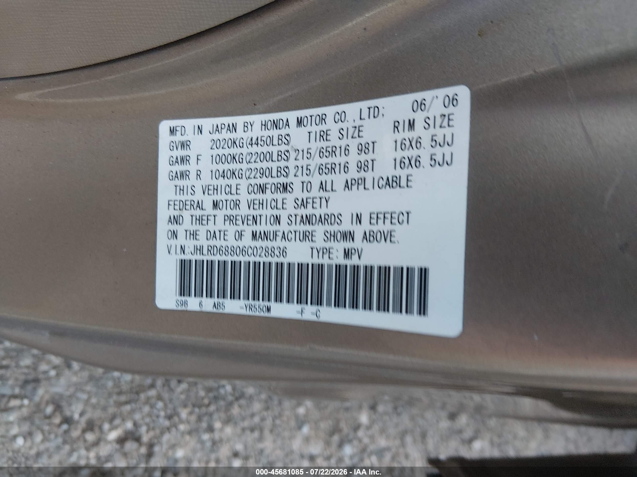 2006 Honda Cr-v Ex Cream vin: JHLRD68806C028836