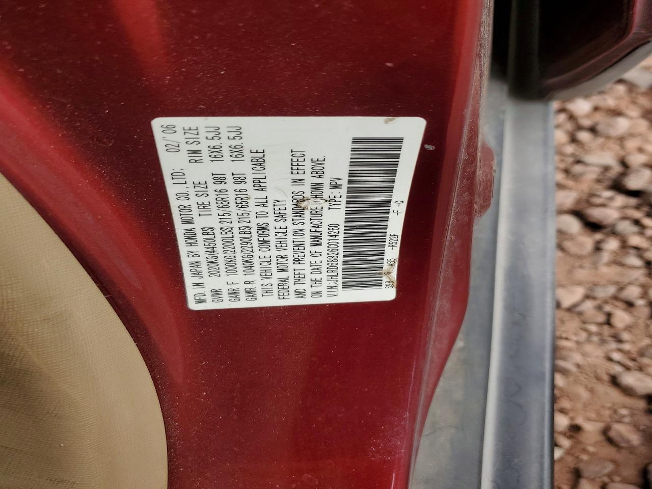 2006 Honda Cr-v Ex Maroon vin: JHLRD68826C014260