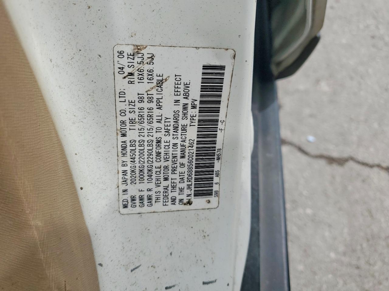 2006 Honda Cr-v Ex White vin: JHLRD68856C021462