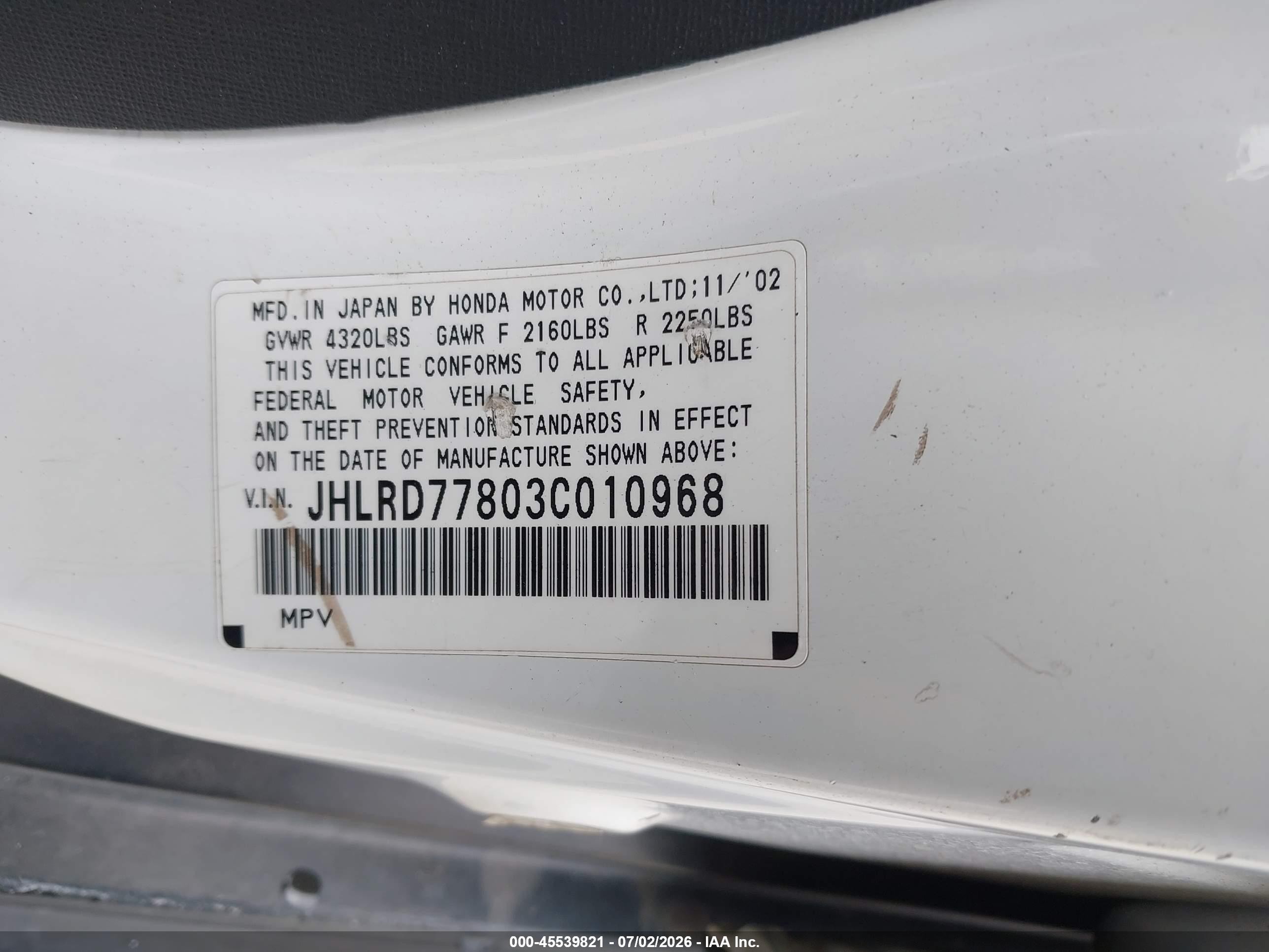 2003 Honda Cr-v Ex White vin: JHLRD77803C010968