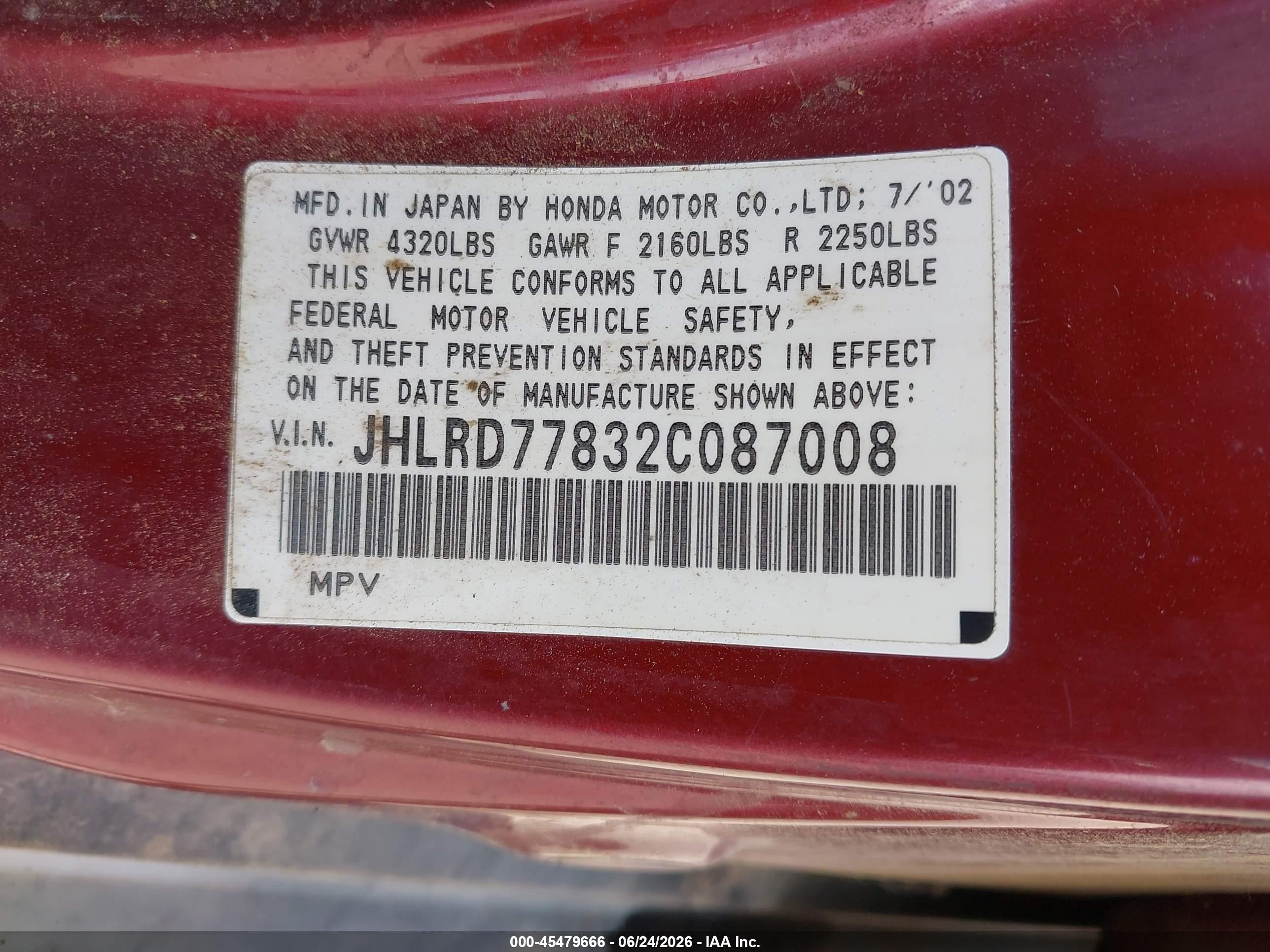 2002 Honda Cr-v Ex Red vin: JHLRD77832C087008