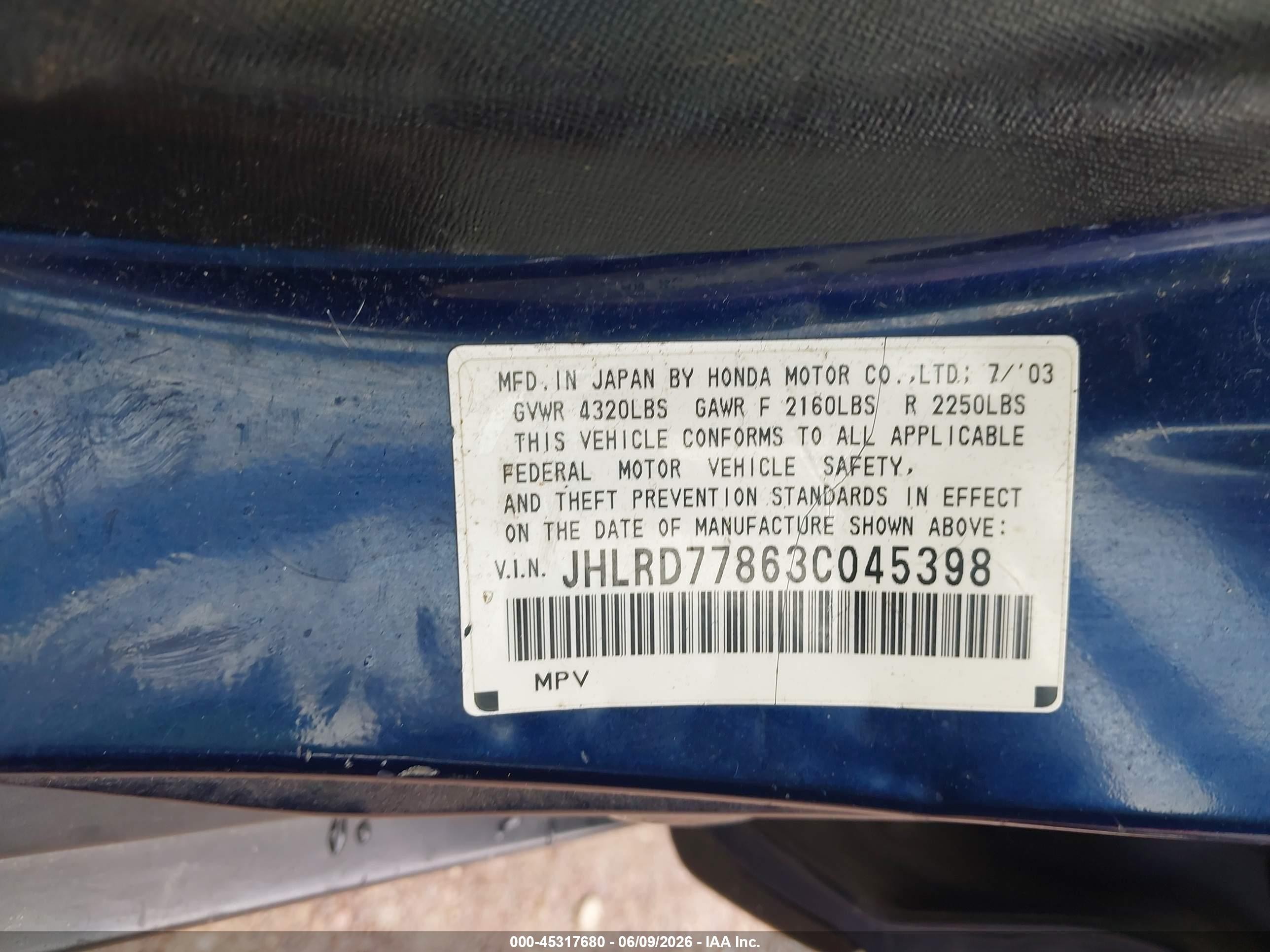 2003 Honda Cr-v Ex Blue vin: JHLRD77863C045398