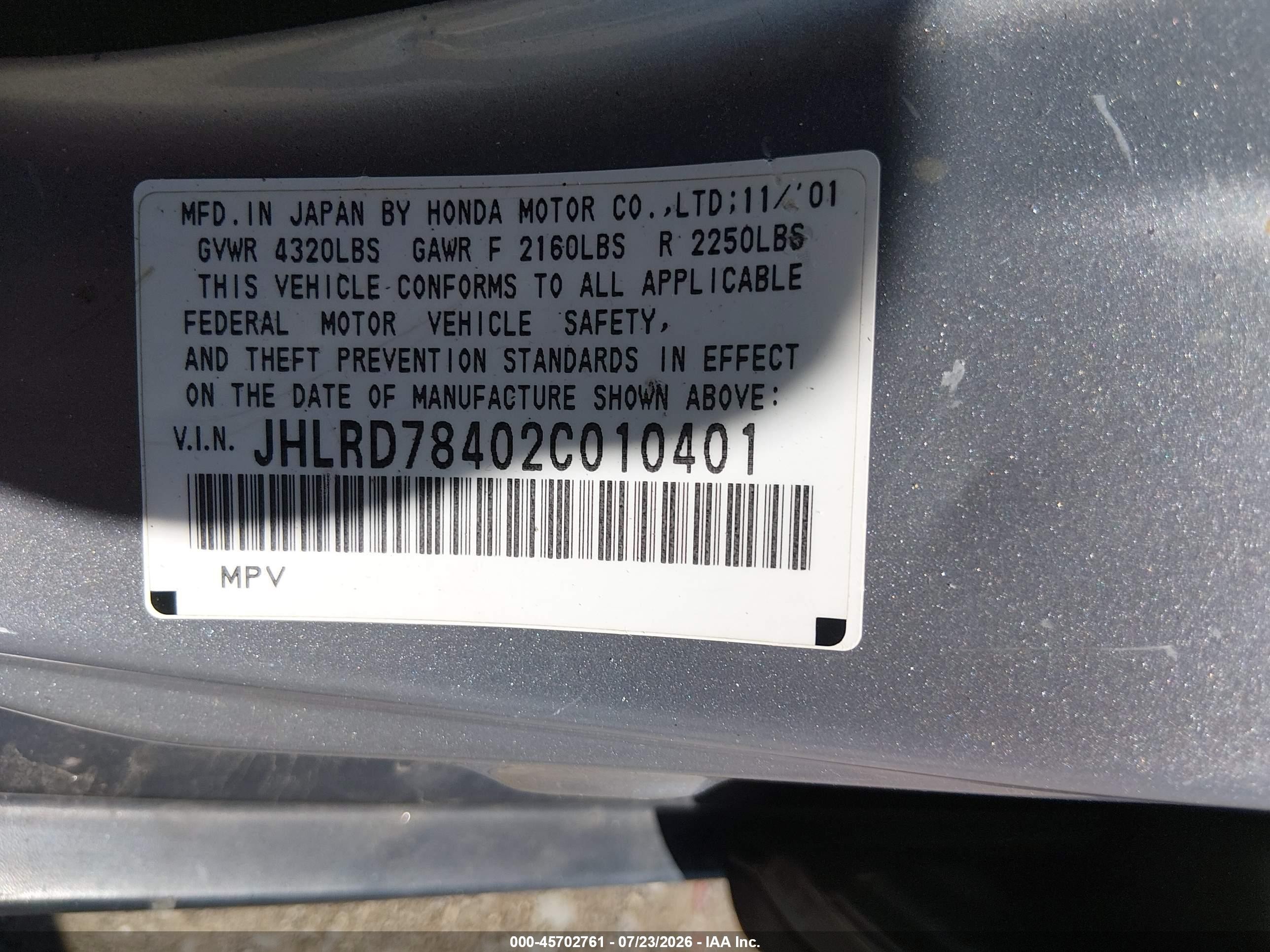 2002 Honda Cr-v Lx Silver vin: JHLRD78402C010401