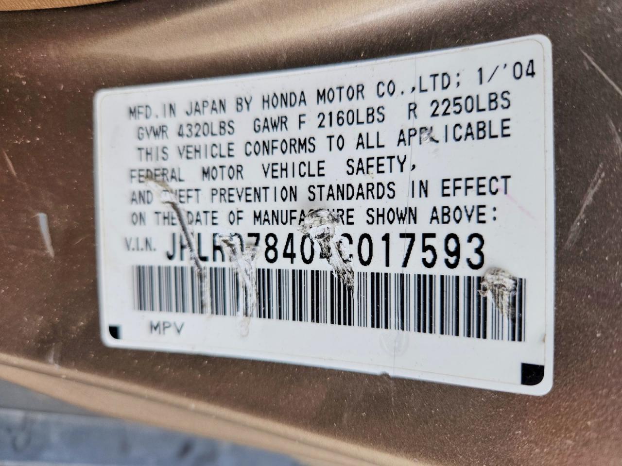 2004 Honda Cr-v Lx Tan vin: JHLRD78404C017593