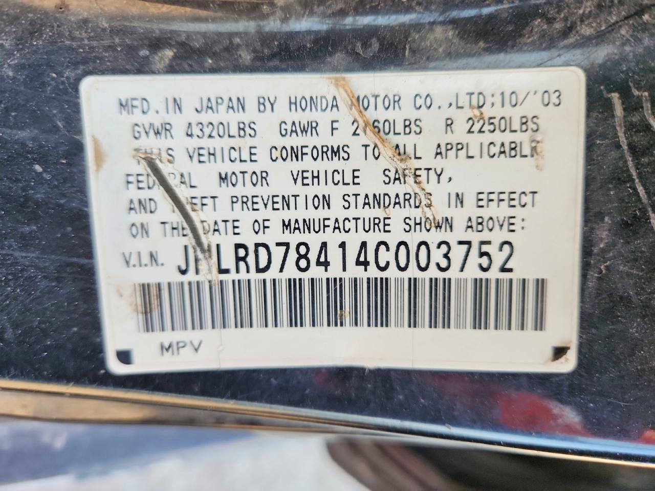 2004 Honda Cr-v Lx Black vin: JHLRD78414C003752