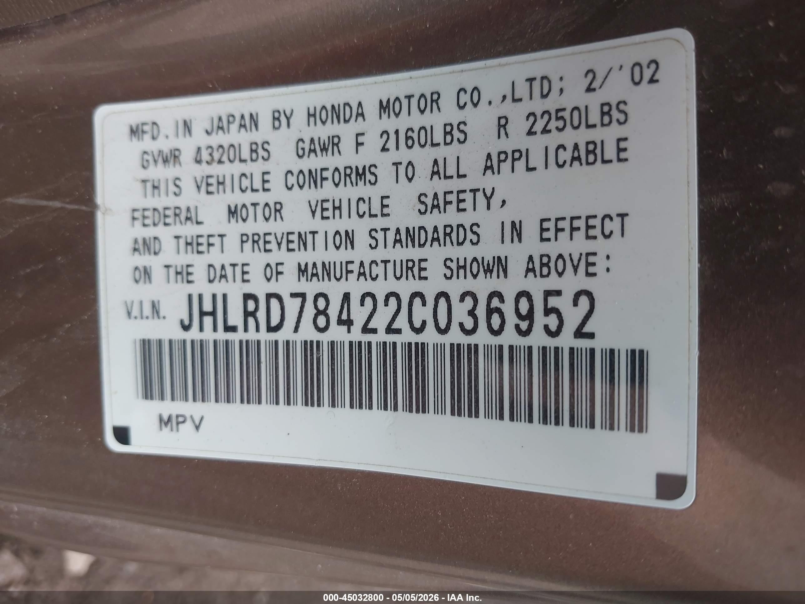 2002 Honda Cr-v Lx Коричневый vin: JHLRD78422C036952