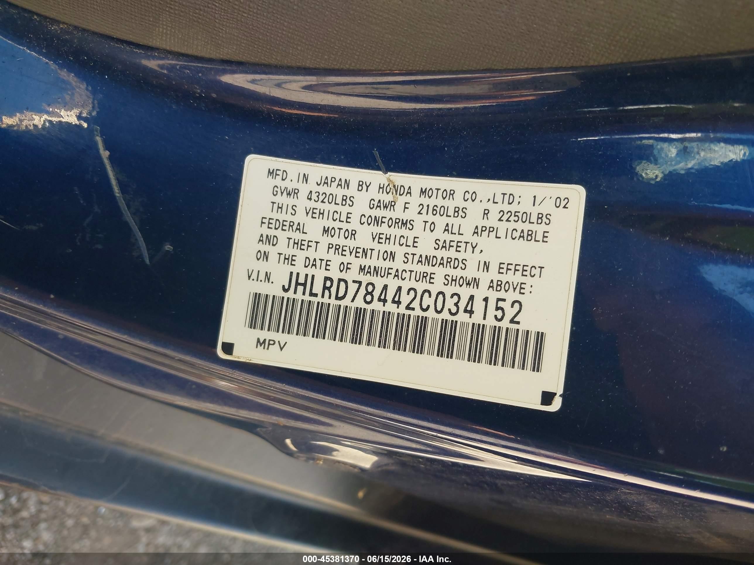 2002 Honda Cr-v Lx Blue vin: JHLRD78442C034152