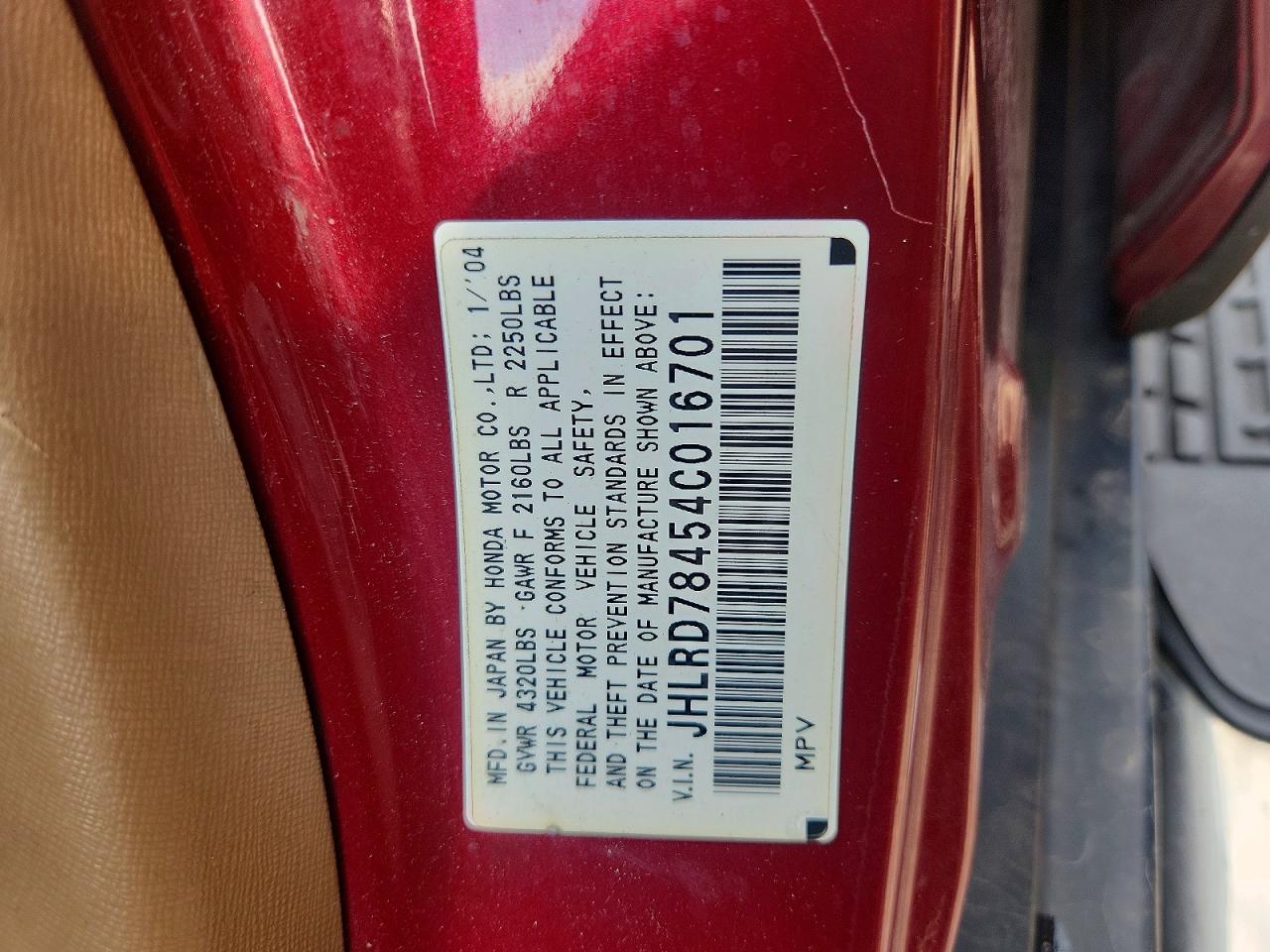 2004 Honda Cr-v Lx Red vin: JHLRD78454C016701