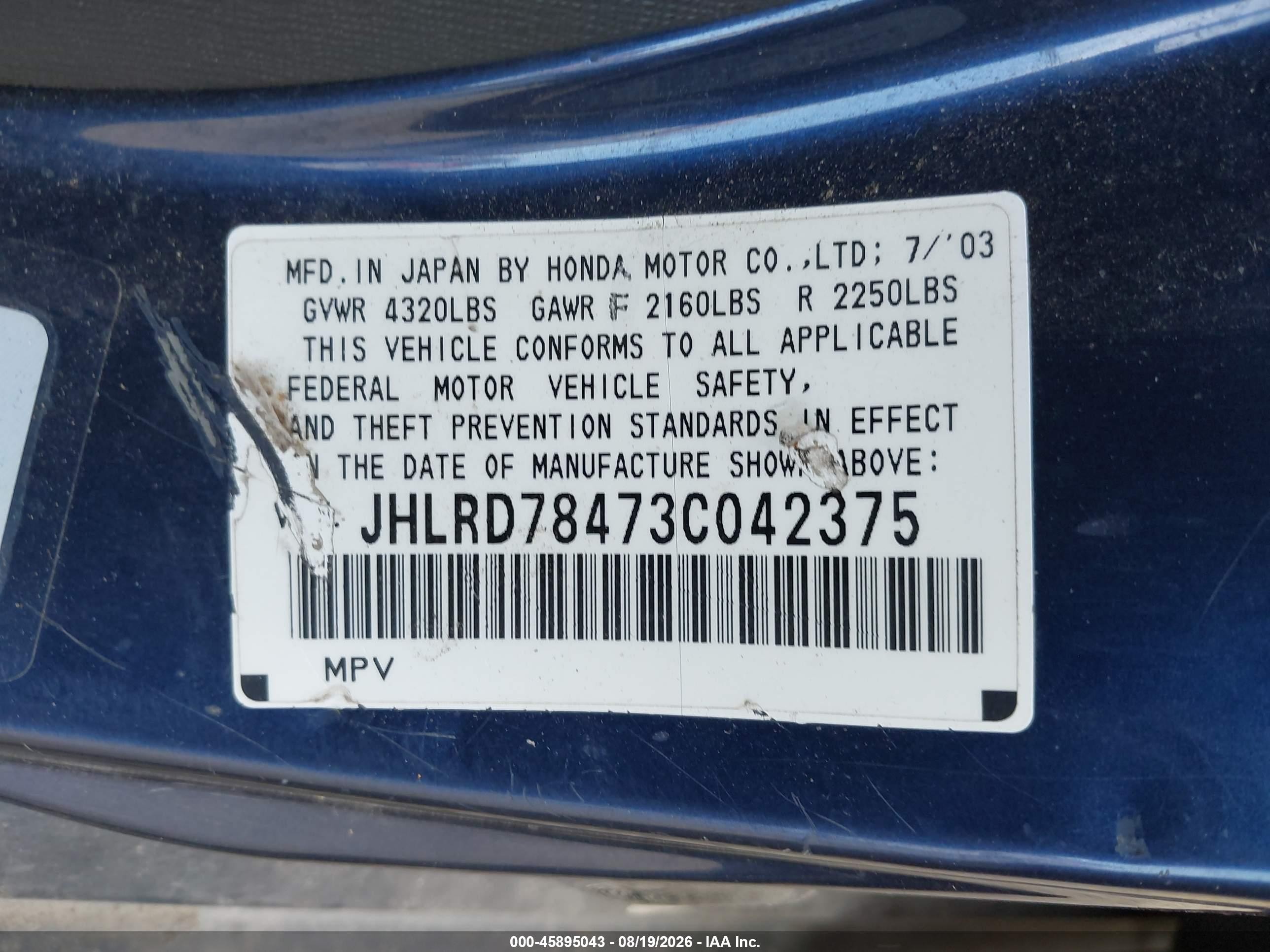 2003 Honda Cr-v Lx Blue vin: JHLRD78473C042375