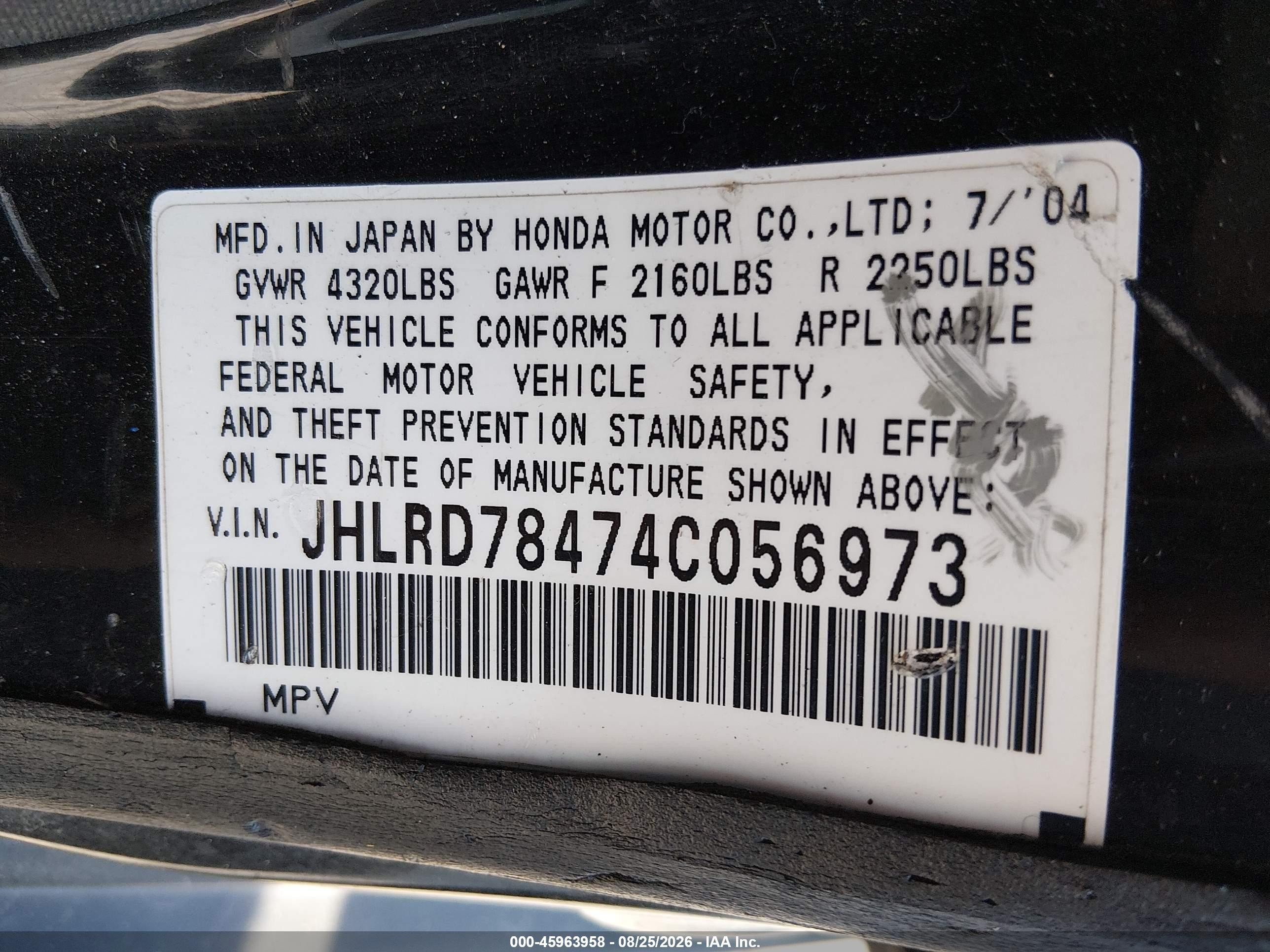2004 Honda Cr-v Lx Black vin: JHLRD78474C056973