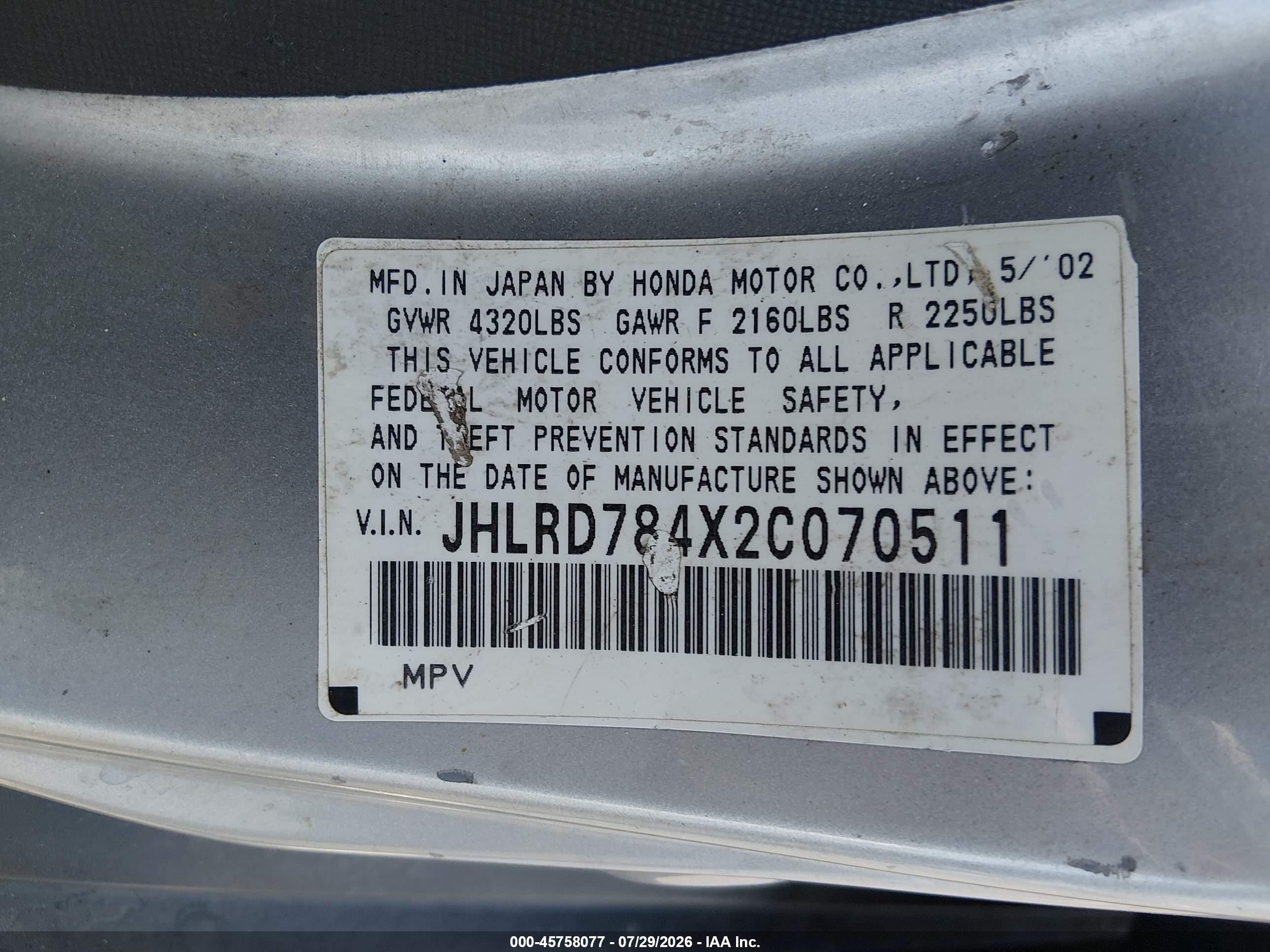 2002 Honda Cr-v Lx Silver vin: JHLRD784X2C070511