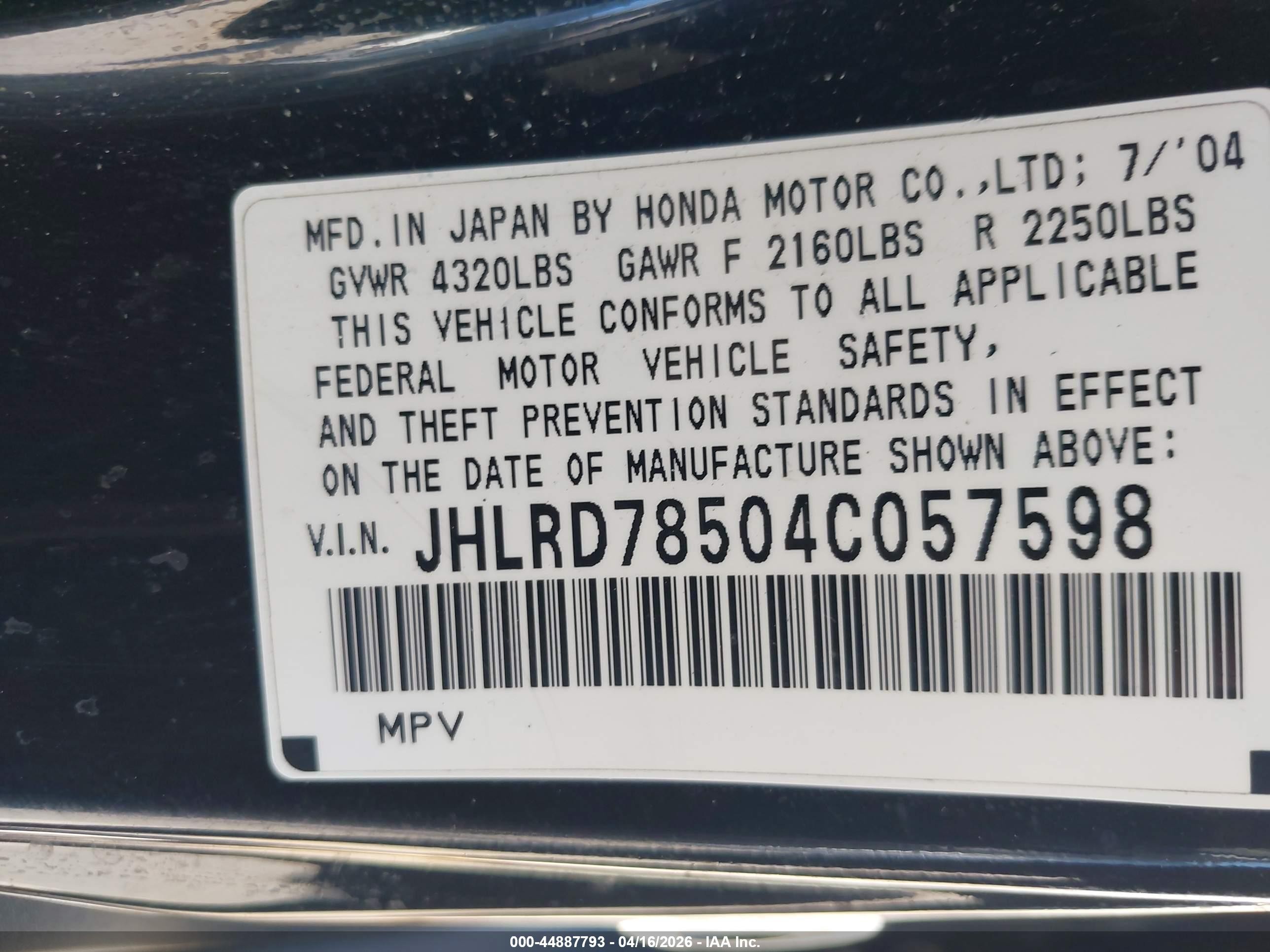 2004 Honda Cr-v Lx Black vin: JHLRD78504C057598