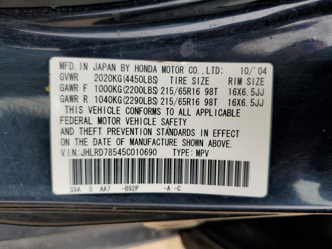 2005 Honda Cr-v Lx Black vin: JHLRD78545C010690