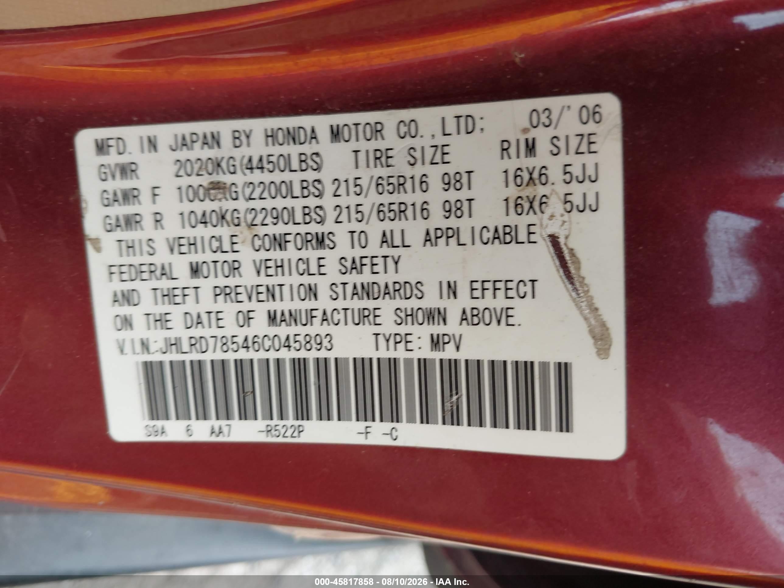 2006 Honda Cr-v Lx Maroon vin: JHLRD78546C045893