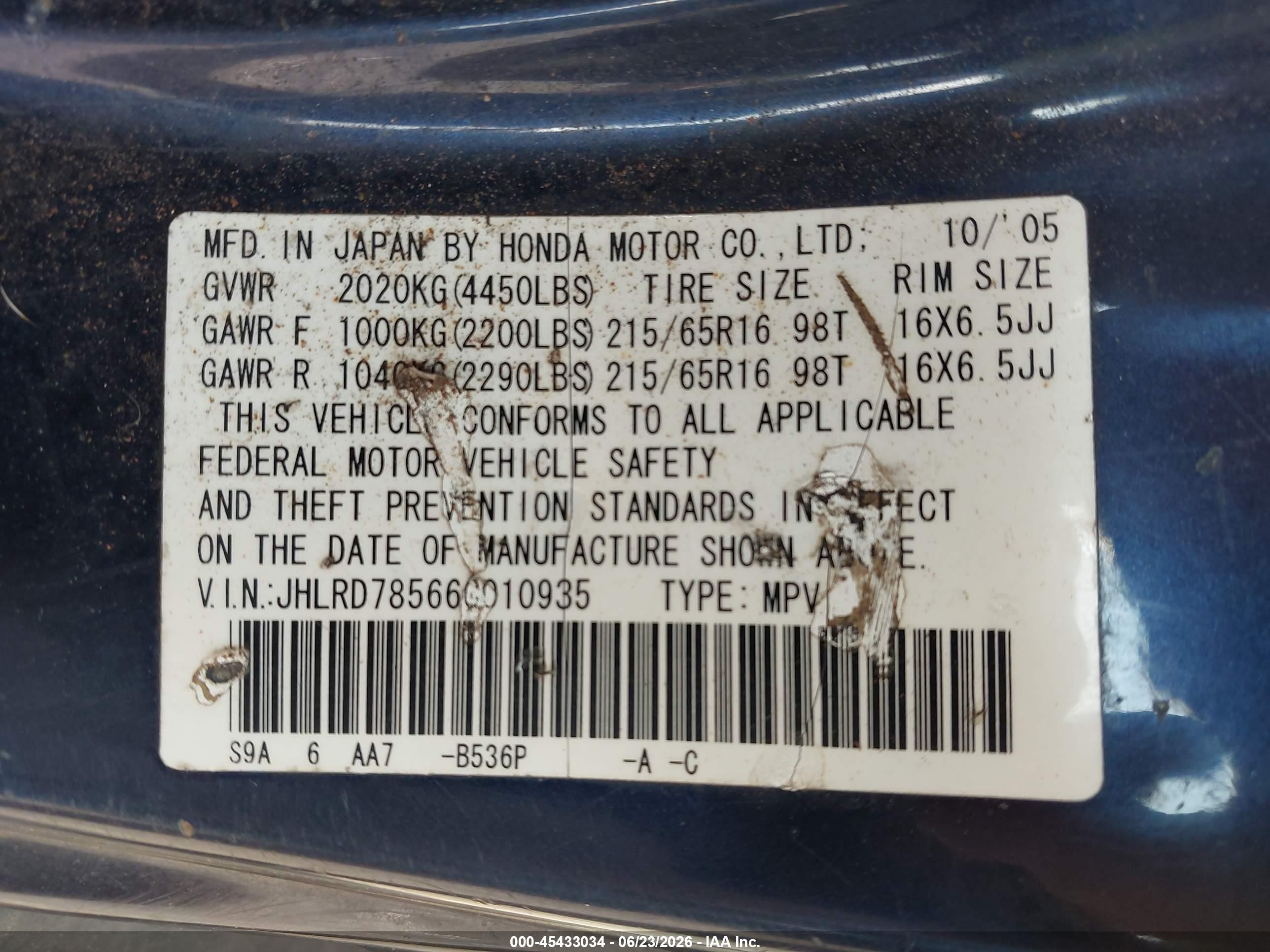 2006 Honda Cr-v Lx Blue vin: JHLRD78566C010935